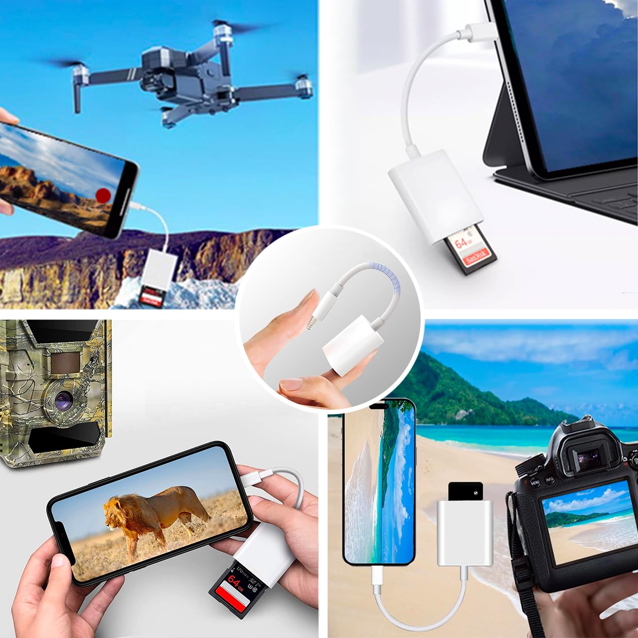 High-Speed SD Card Reader for iPhone & iPad - Compatible with iPhone 14/13/12/11/XS/XR/X/8/7/SE & iPad - Memory Card Adapter for Trail Cameras, DSLR Photos & File Transfer - Perfect for Outdoor Photography, Hunting & Content Creators