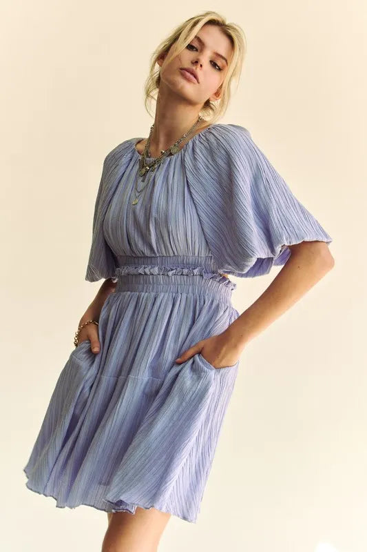 Lavender Back Button Puff Sleeve Mini Dress for Women | Summer Beach Resort Outfit | Perfect for Vacation, Wedding Guest & Date Night