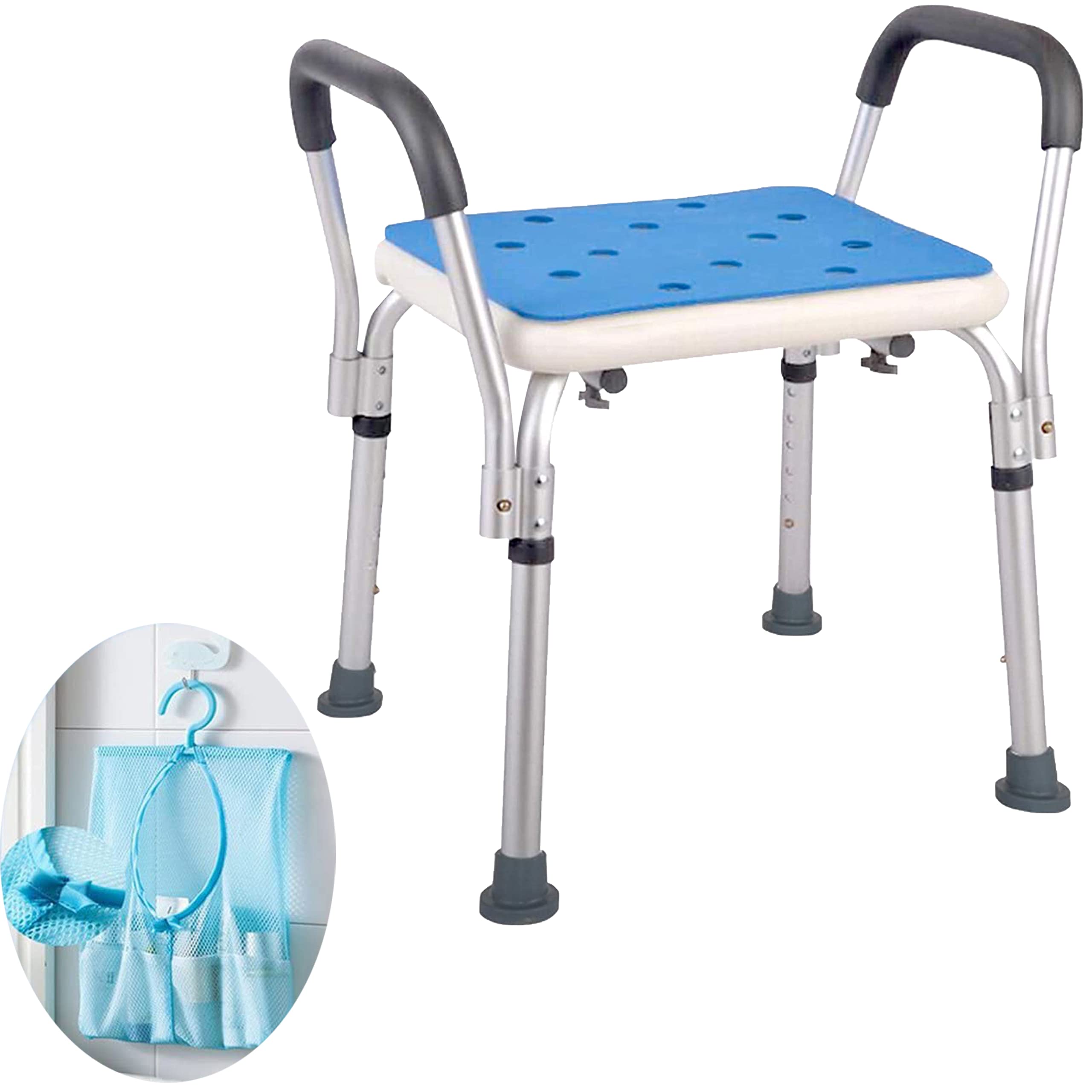 Medokare Padded Shower Chair with Handles & Tote Bag - Non-Slip Bath Stool for Seniors & Adults, Adjustable Shower Bench for Elderly & Handicap, White Bathroom Safety Seat with Rail - Ideal for Bathroom Safety & Mobility Assistance