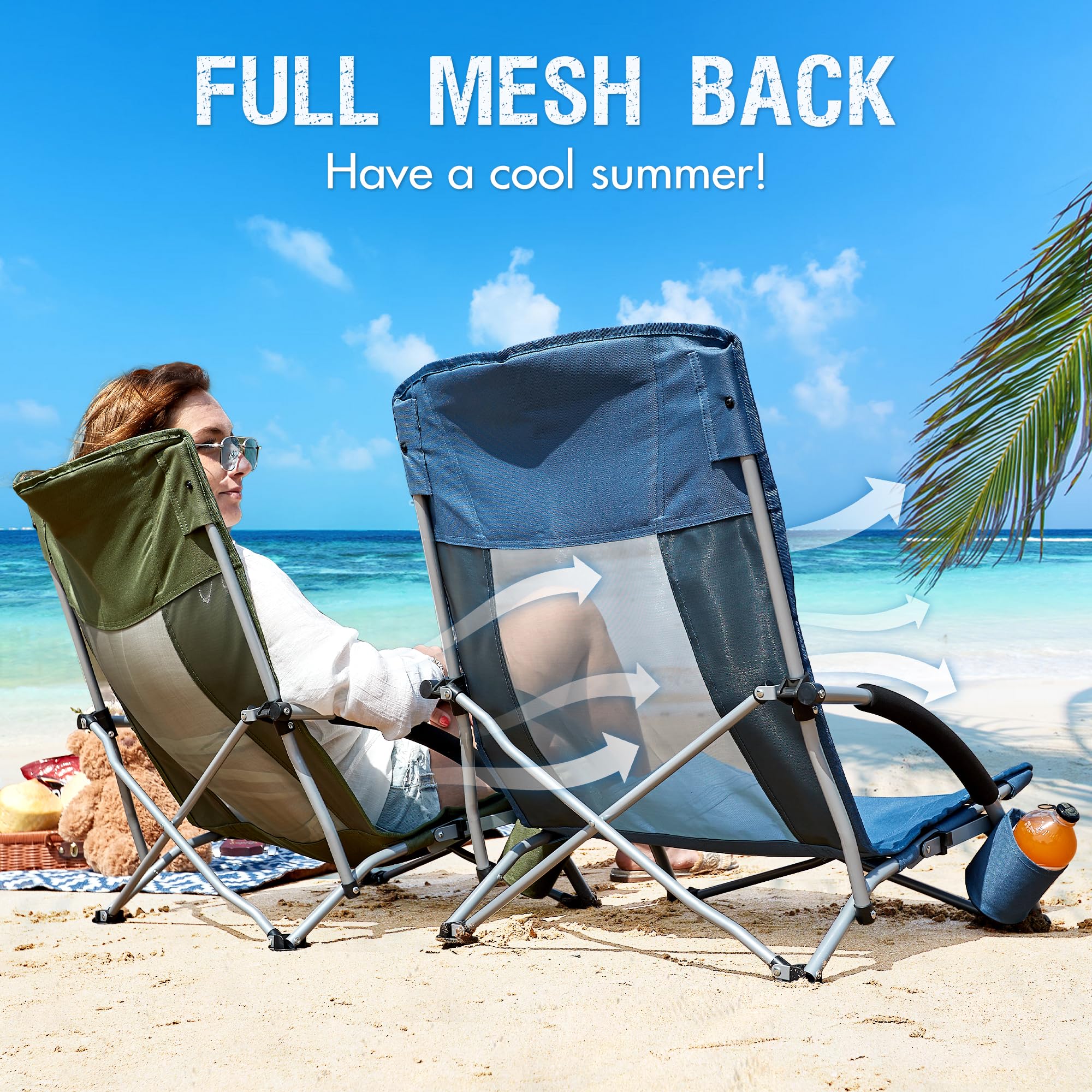 PORTAL Lightweight Beach Chair for Adults - Portable Camping Chair with Cup Holder, Mesh Back & Carry Bag - Supports 300LBS - Perfect for Outdoor, Travel, Picnic, Concert & Beach Use