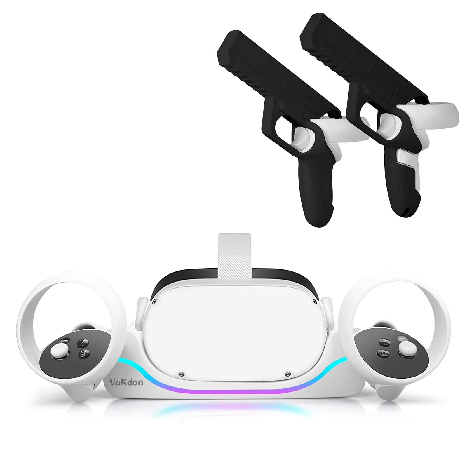 Vakdon Magnetic Charging Dock & VR Game Gun Pistol Grip Set for Oculus Quest 2 Headset & Controllers - Black | Perfect for VR Gaming, Home Entertainment & Virtual Reality Experiences