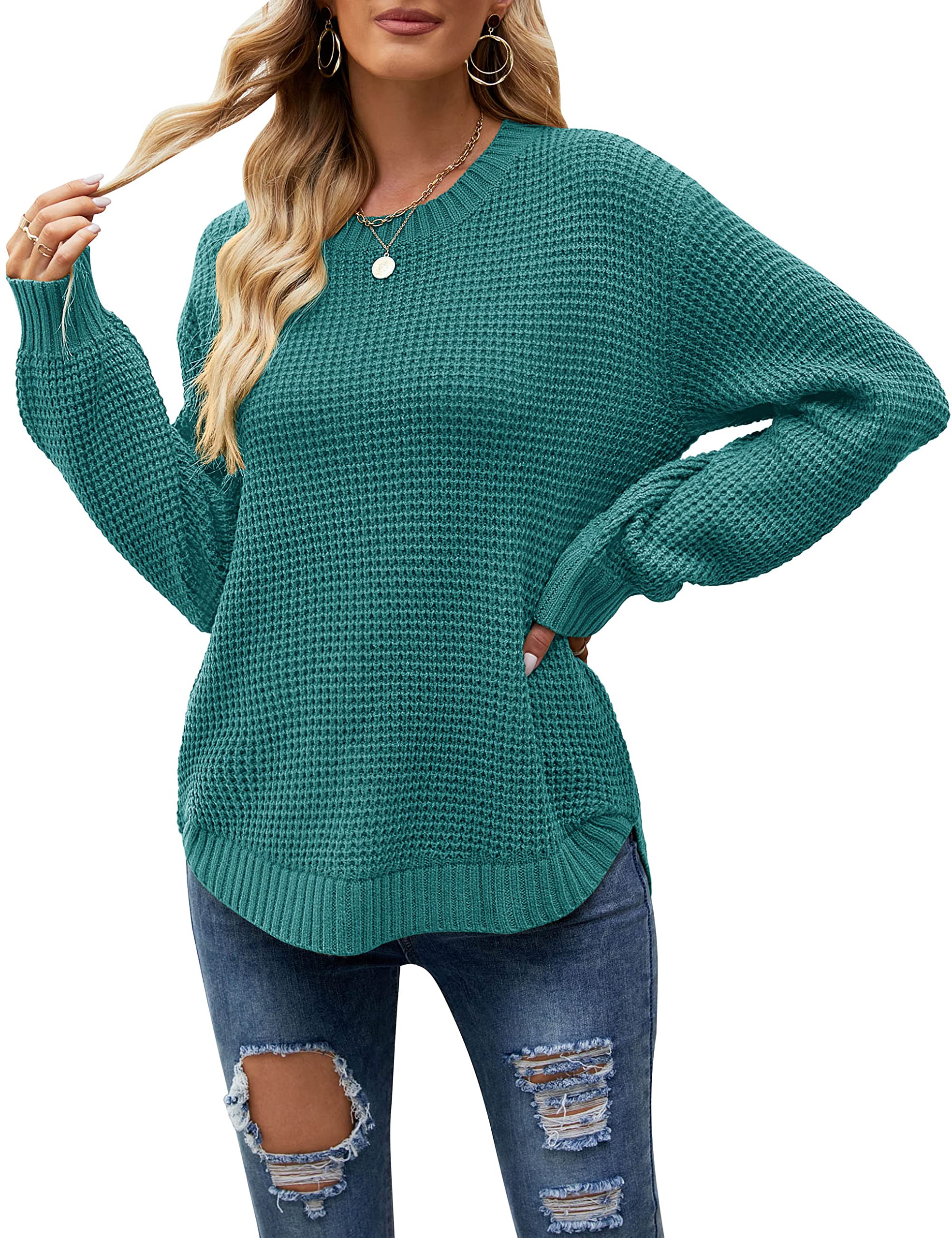MEROKEETY Women's 2024 Fall Waffle Knit Sweater - Long Balloon Sleeve Loose Pullover Jumper - Cozy Casual Knitwear for Autumn & Winter - Perfect for Office, Date Night & Weekend Outings