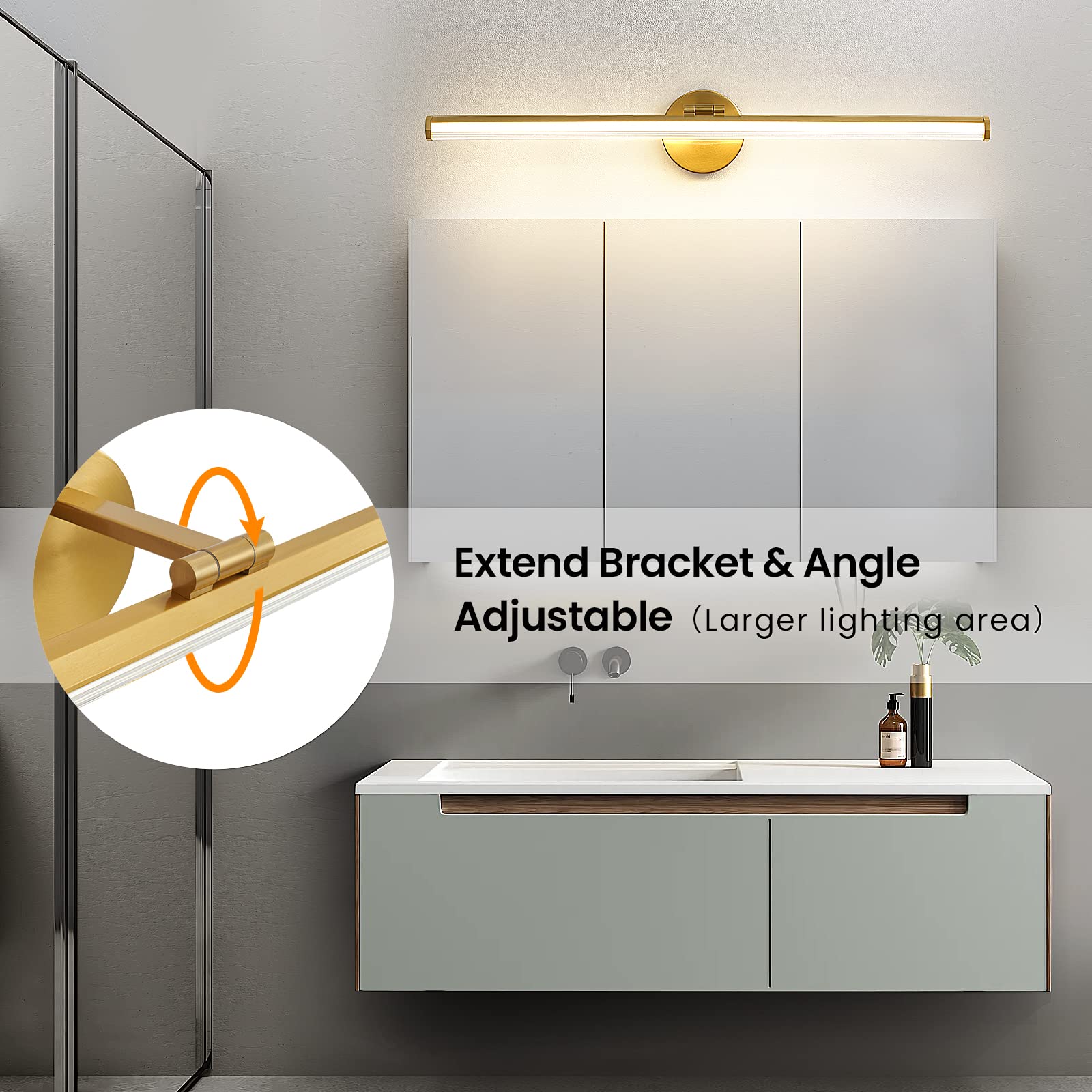 KAISITE 30 Inch Gold Modern LED Bathroom Vanity Light - 24W 4000K Dimmable Rotatable Light Fixture for Mirror Lighting | Perfect for Bathroom, Powder Room & Dressing Area Makeup Lighting