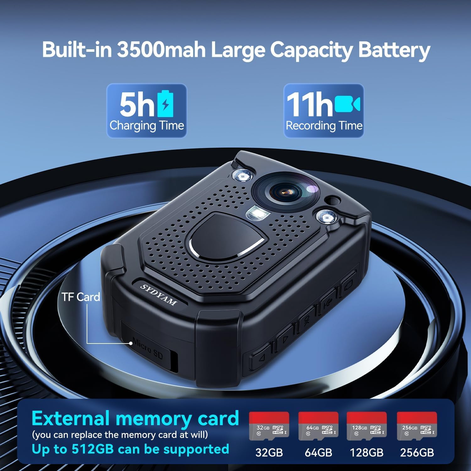 SYDYAM 64GB 4K Body Camera with Audio Recording - Waterproof IP68 Wearable Security Camera for Police, Security Patrol, Meetings & Travel - 12 Hours Continuous Recording for Law Enforcement & Outdoor Activities