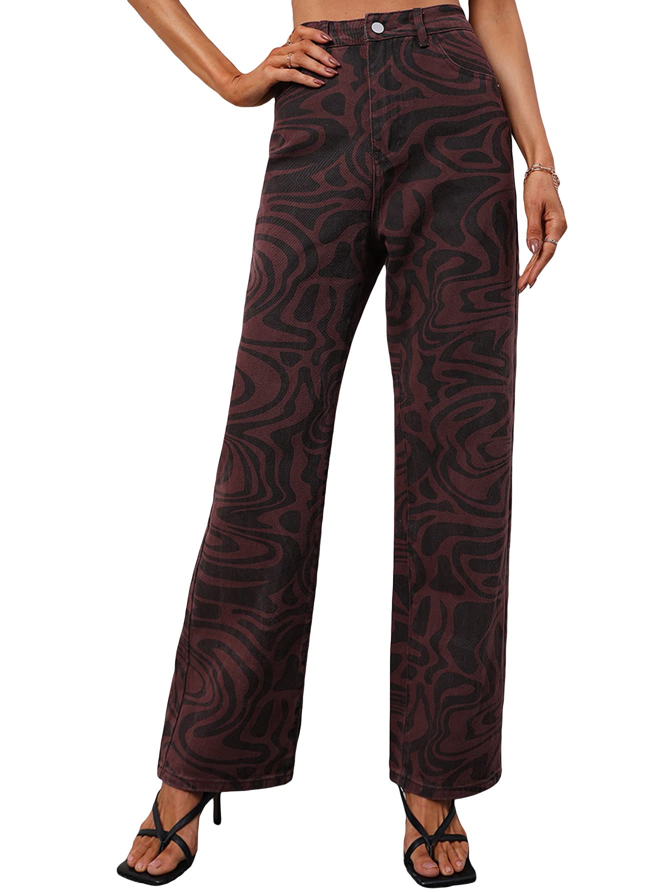 WDIRARA Women's High Waisted Wide Leg Casual Jeans - Flowy Baggy Denim Pants with Stylish Print for Everyday Wear | Perfect for Street Style, Work & Weekend Outfits