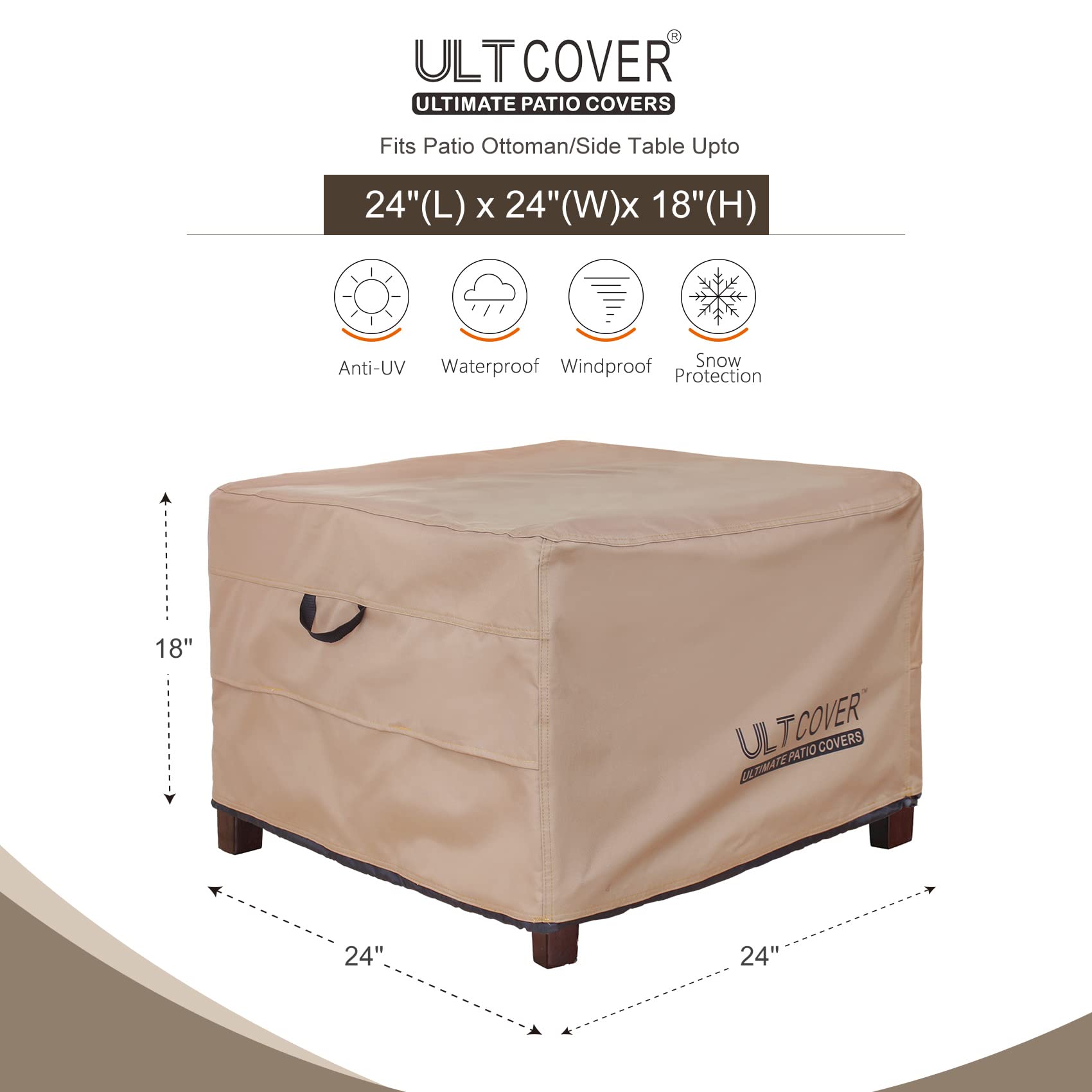 ULTCOVER Waterproof Square Patio Ottoman Cover - 24x24x18 Inch Outdoor Furniture Protector for Side Table, Coffee Table - Weatherproof, UV Resistant - Perfect for Deck, Garden, Backyard, and Poolside Use