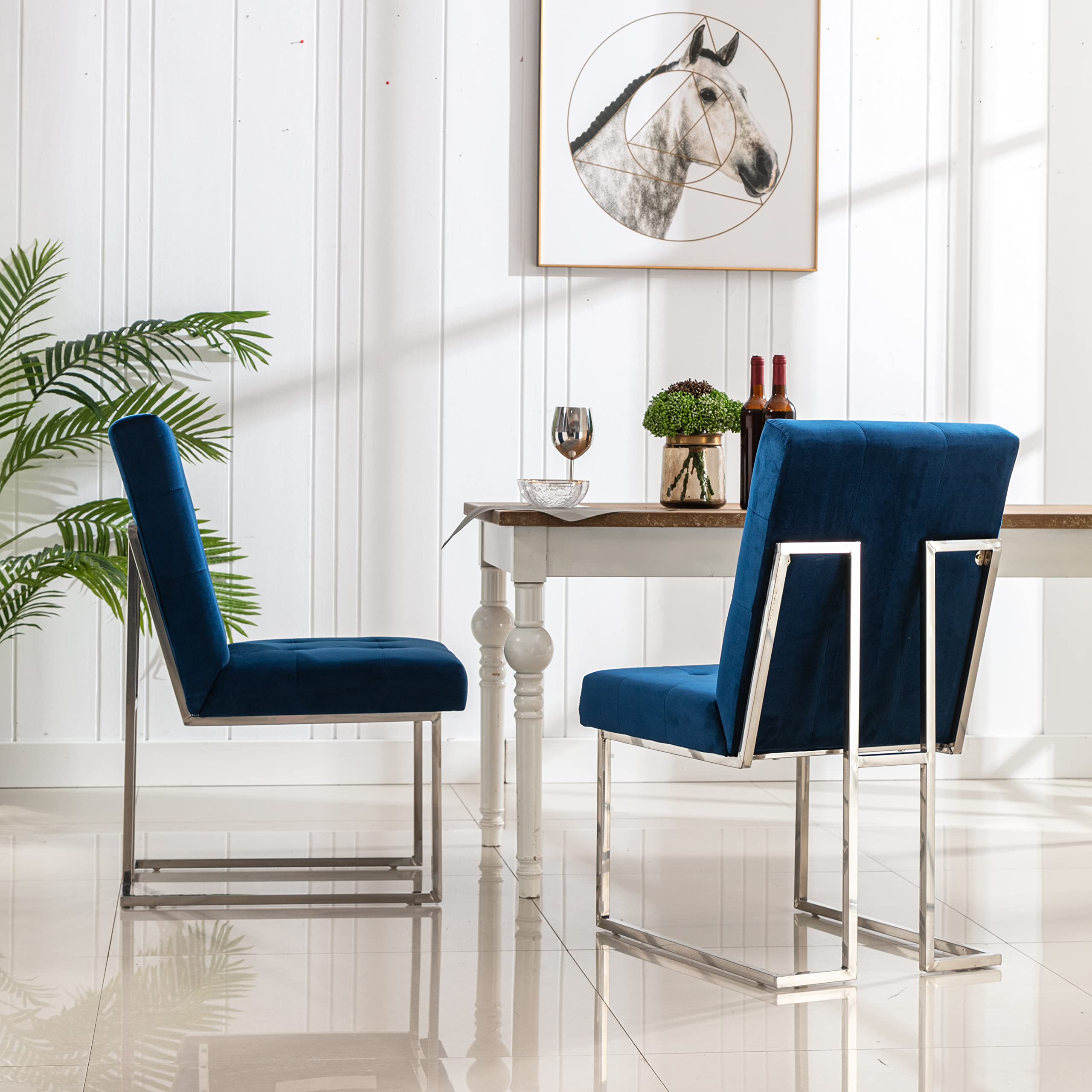 Tufted Velvet Upholstered Dining Chairs Set of 2 - Modern Velvet Armless Accent Chairs with Chrome Legs for Living Room, Kitchen, Dining Room - Blue Velvet Chairs for Home Decor & Entertaining (UC-16B)