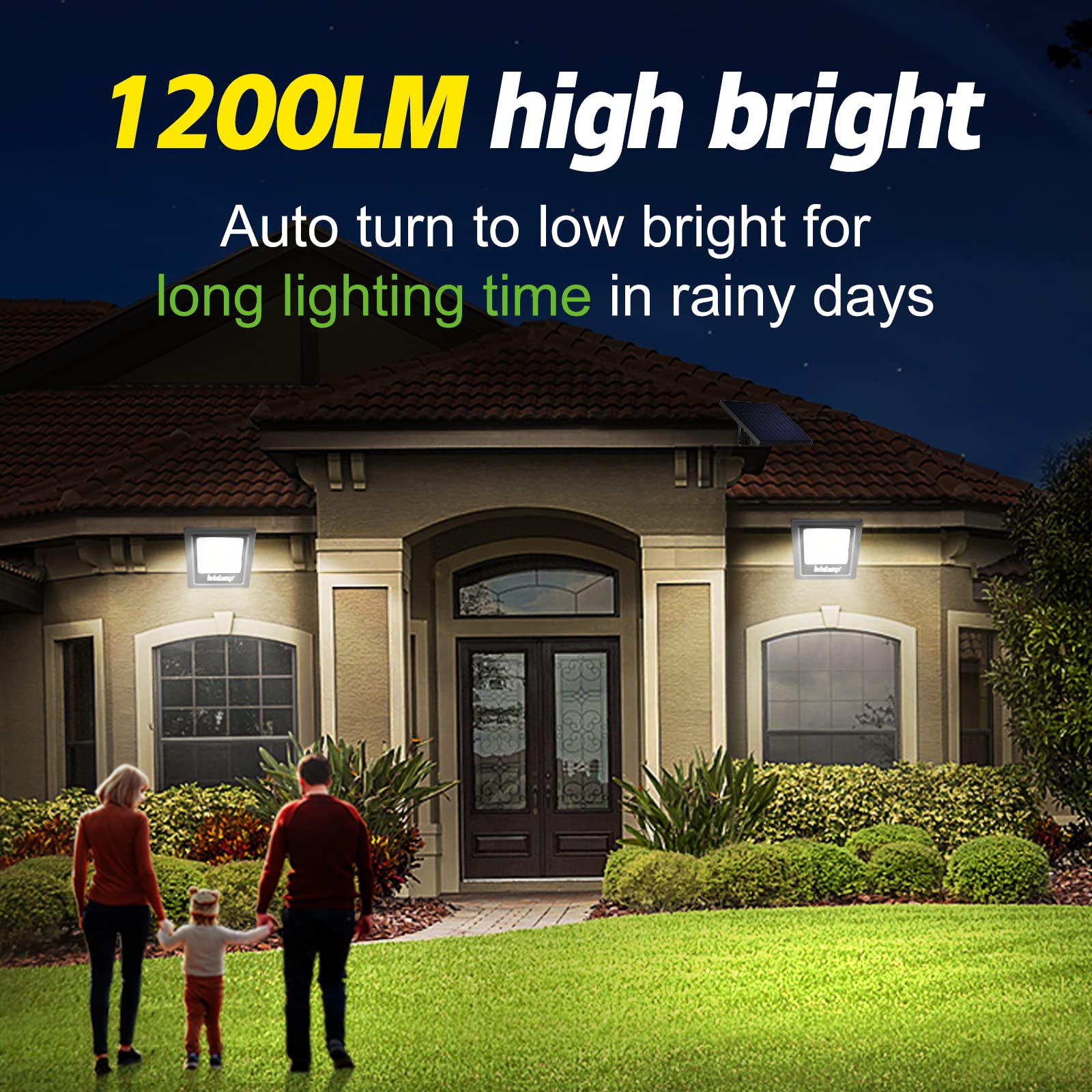 Intelamp 4400mAh Solar Flood Lights 2 Pack - IP65 Waterproof Outdoor Solar Security Lights with Dusk to Dawn Auto On/Off - Perfect for Porch, Balcony, Yard, Garage, Barn & Garden Lighting