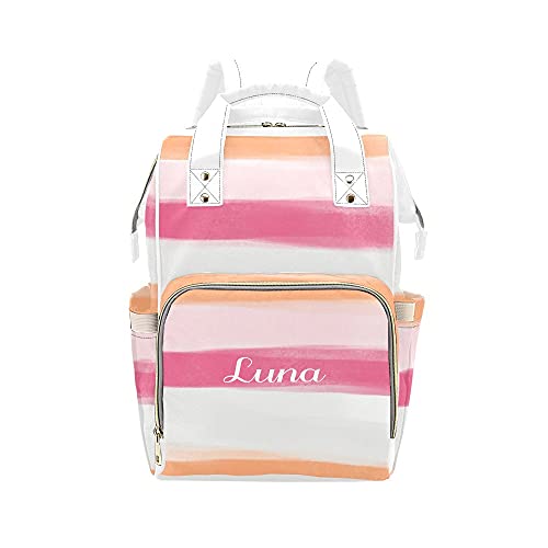 Waterproof Orange Pink Red Stripe Diaper Backpack - Personalized Name Baby Bag for Nursing Moms, Large Tote Nappy Bag with Insulated Pockets | Perfect Baby Shower Gift & Travel Essentials for Women