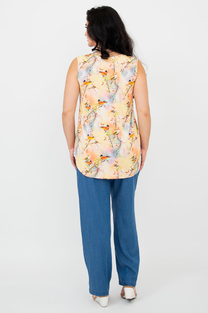 Jackie Tank Top - Songbird Print Bamboo Fabric Women's T-Shirt | Comfortable Summer Casual Wear for Outdoor Activities