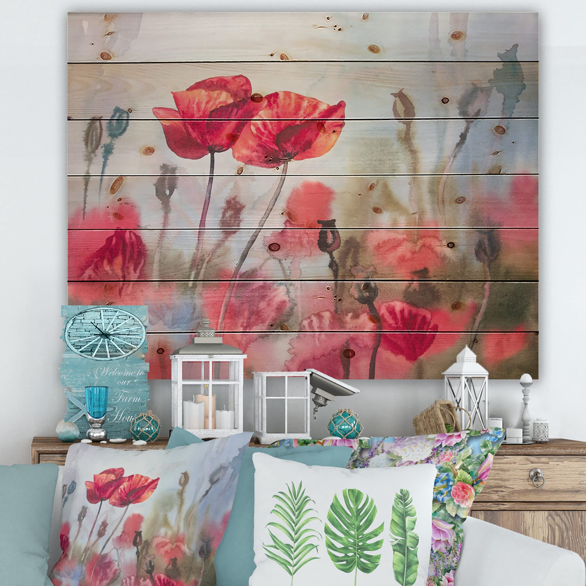 DesignQ Blossoming Poppies Wood Wall Art - Traditional Floral Wall Decor, Large Red Poppy Meadow Painting on Natural Pine Wood Panel - Perfect for Living Room, Bedroom & Farmhouse Decor