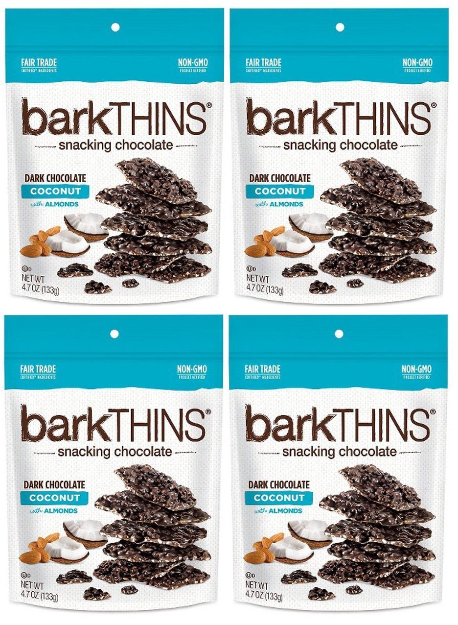 BarkThins Dark Chocolate Coconut Snacks 4.7oz (4 Pack) - Healthy Vegan Chocolate Treats for Office, Travel & Movie Nights