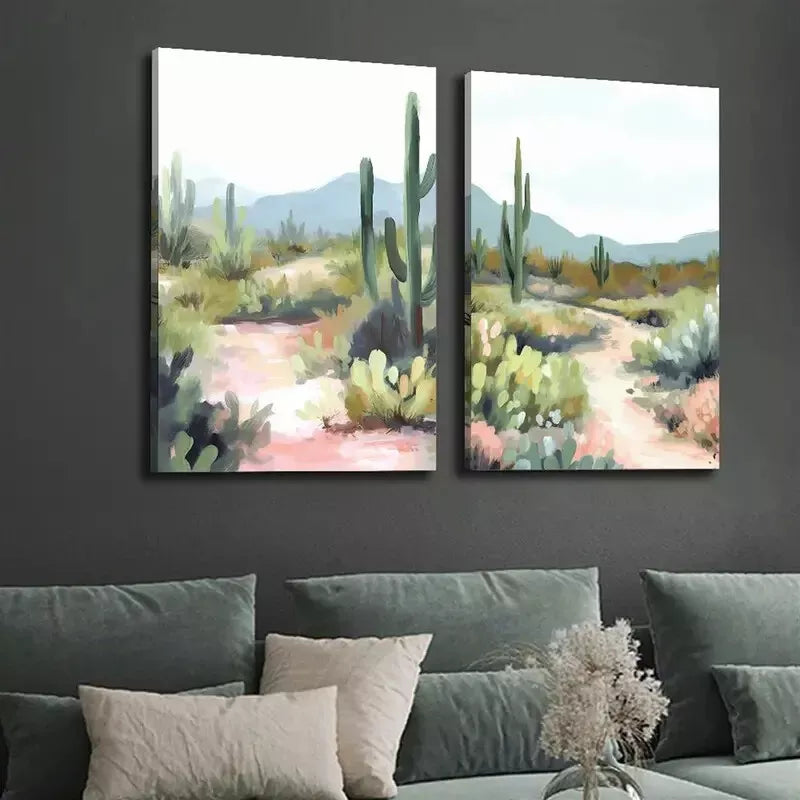 2pcs Southwestern Green Cactus Desert Framed Wall Art 50x75cm - High Quality Canvas Print | 100% Australian Made | Ready to Hang | Perfect for Living Room, Bedroom & Office Decor