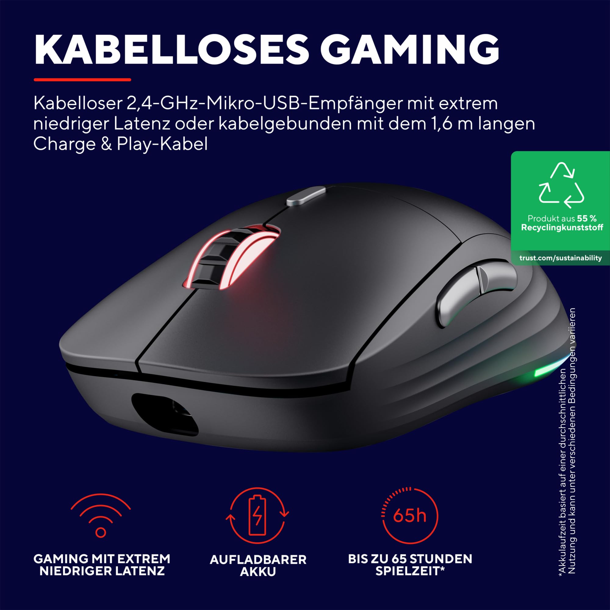 Trust GXT 926 Redex II Wireless Gaming Mouse - 2.4GHz, 65 Hours Battery Life, Kailh Switches, 10000 DPI, 6 Programmable Buttons, Rechargeable for PC/Laptop (Black) - Perfect for FPS, MOBA & MMO Gaming