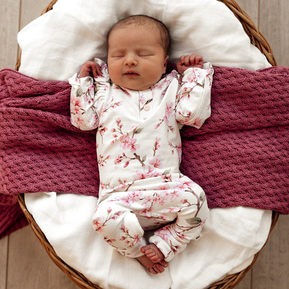 Organic Baby Growsuit - Snuggle Hunny Soft Cotton Cherry Blossom Print One-Piece Outfit for Newborns & Infants | Perfect for Playtime, Naptime & Photo Shoots
