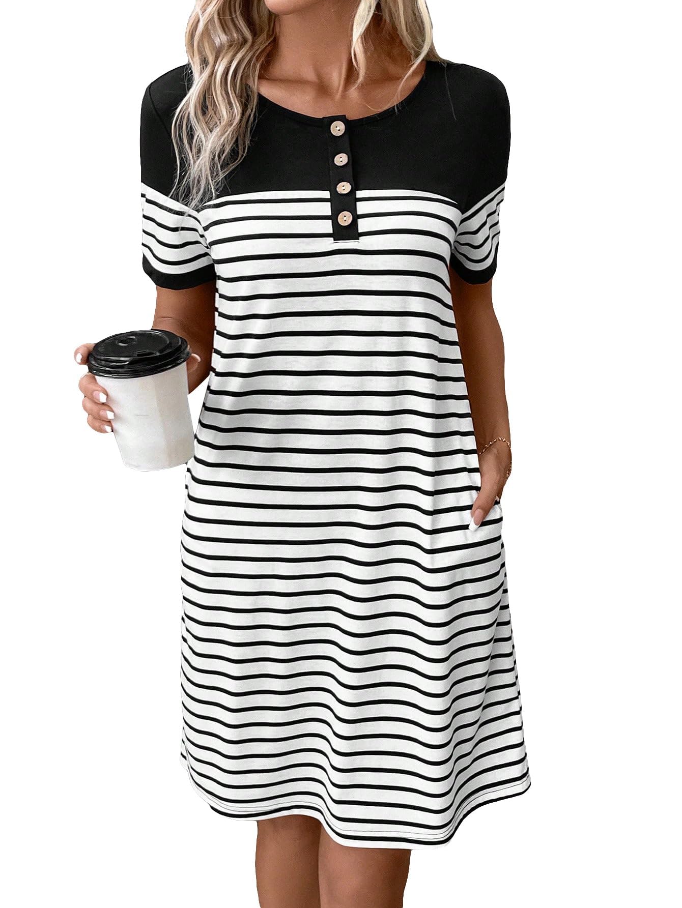Women's Casual Summer Dresses 2025 - Short Sleeve Crewneck Striped Button Front Mini T-Shirt Dress with Pockets | Perfect for Beach Outings, Brunch Dates & Summer Vacations