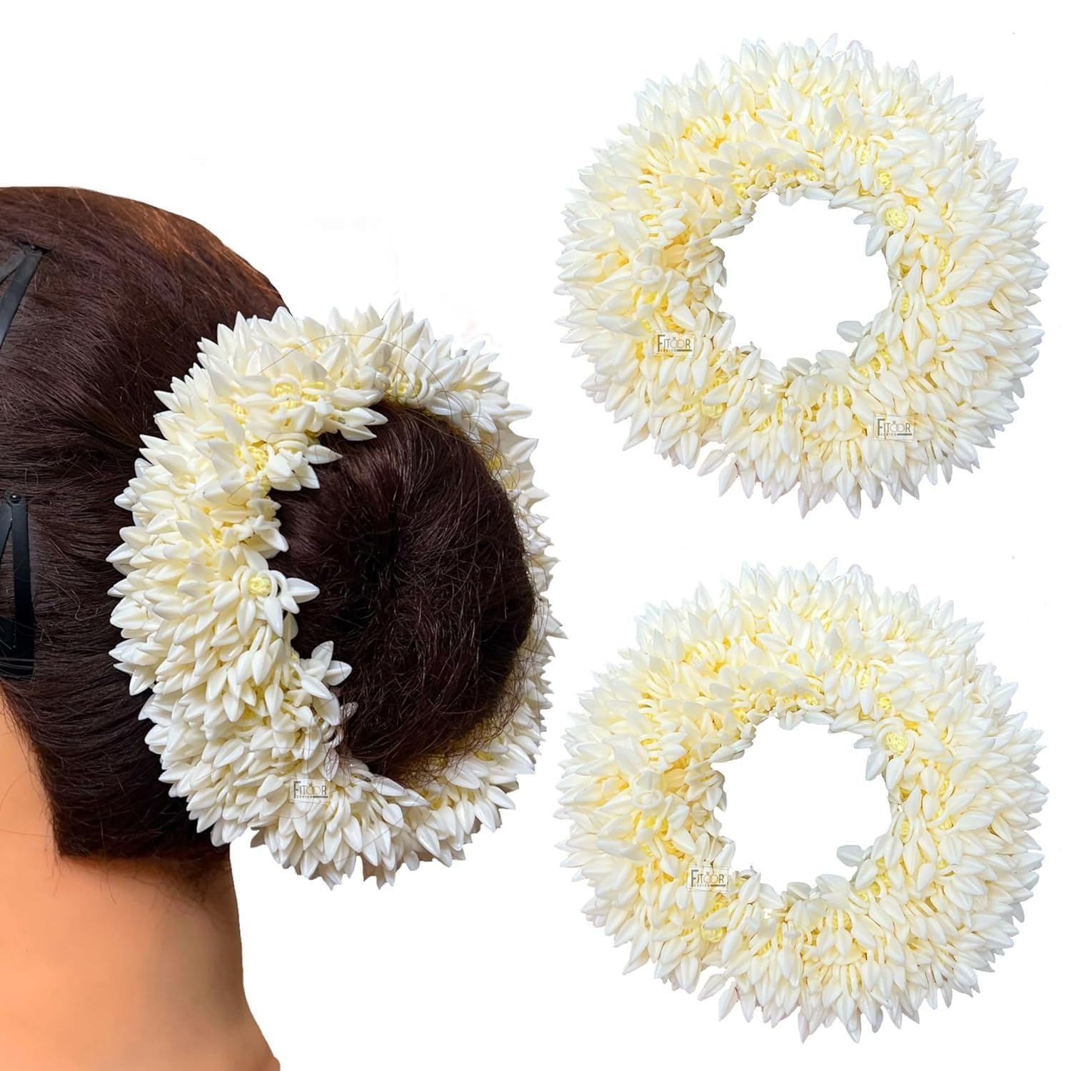 White Hair Gajra for Women - South Indian Wedding Hair Accessories with Artificial Mogra Flowers | Bun Maker Extension for Girls | Jasmine Flower Gajra Hairstyling Juda Maker (Pack of 2) - Perfect for Weddings, Festivals, and Traditional Indian Hairstyles