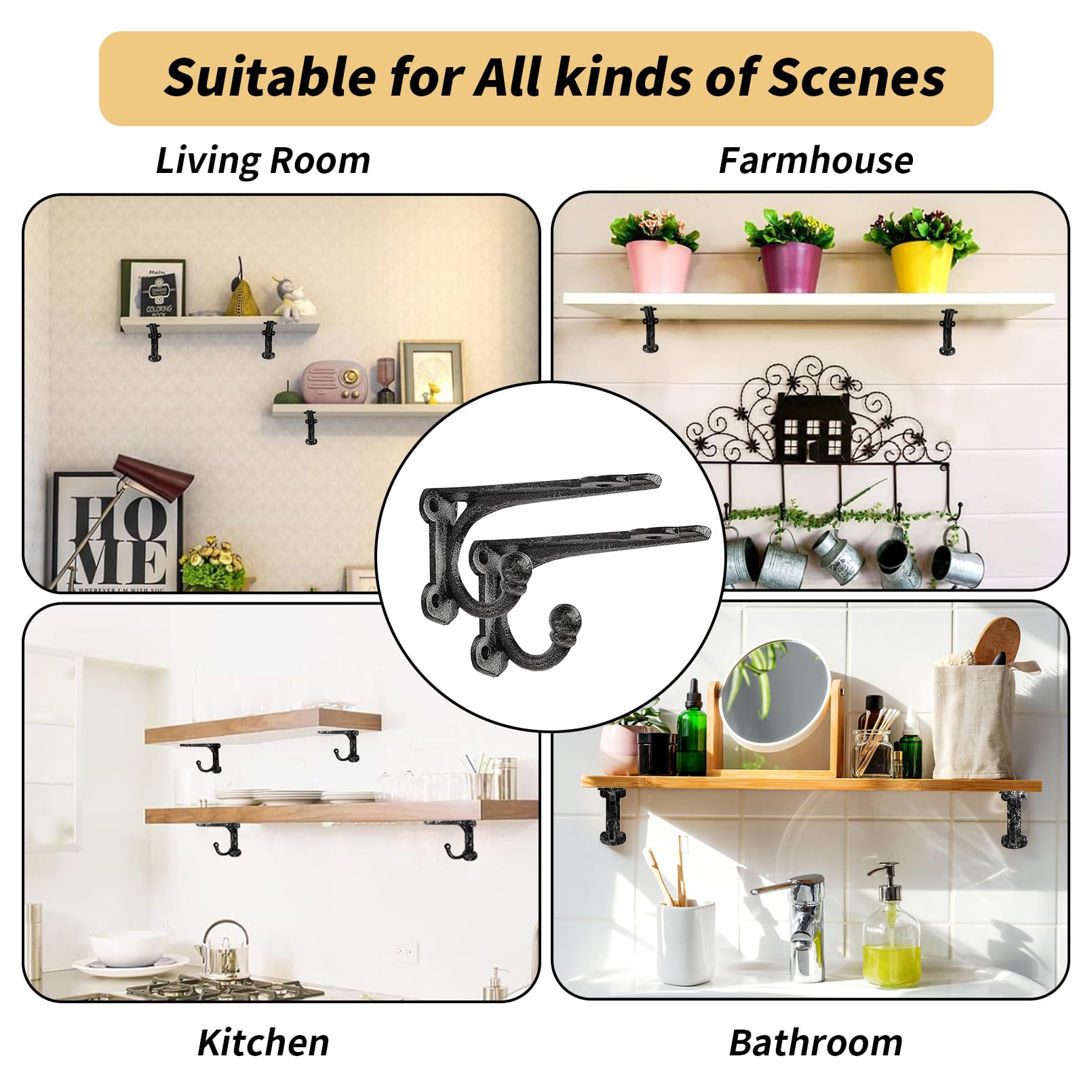 4 Inch Heavy Duty Cast Iron Shelf Brackets (2 Pack) - Rustic Black Wall Mounted Brackets with Hooks for Floating Shelves | Perfect for Home Office, Kitchen Storage & Garage Organization