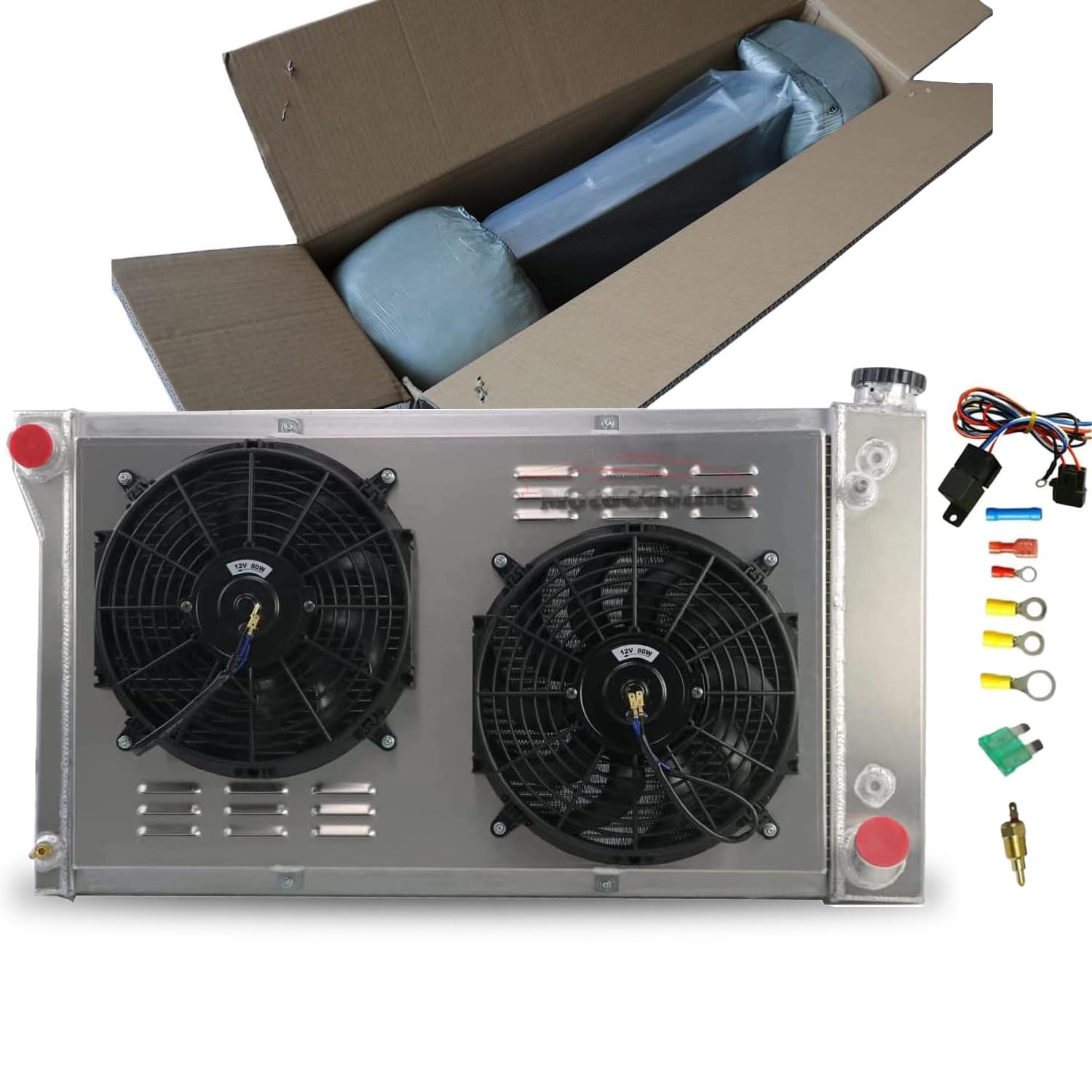 High-Performance Aluminum Radiator with Electric Fan Shroud & Thermostat Kit for Chevy C/K/G/P Series (1967-1972) - Compatible with C10, C20, C30, K10, K20, K30, Van, Blazer, Pickup, Suburban, GMC Jimmy - 3-Row Cooling Upgrade for Hot Weather & Heavy-Duty Towing