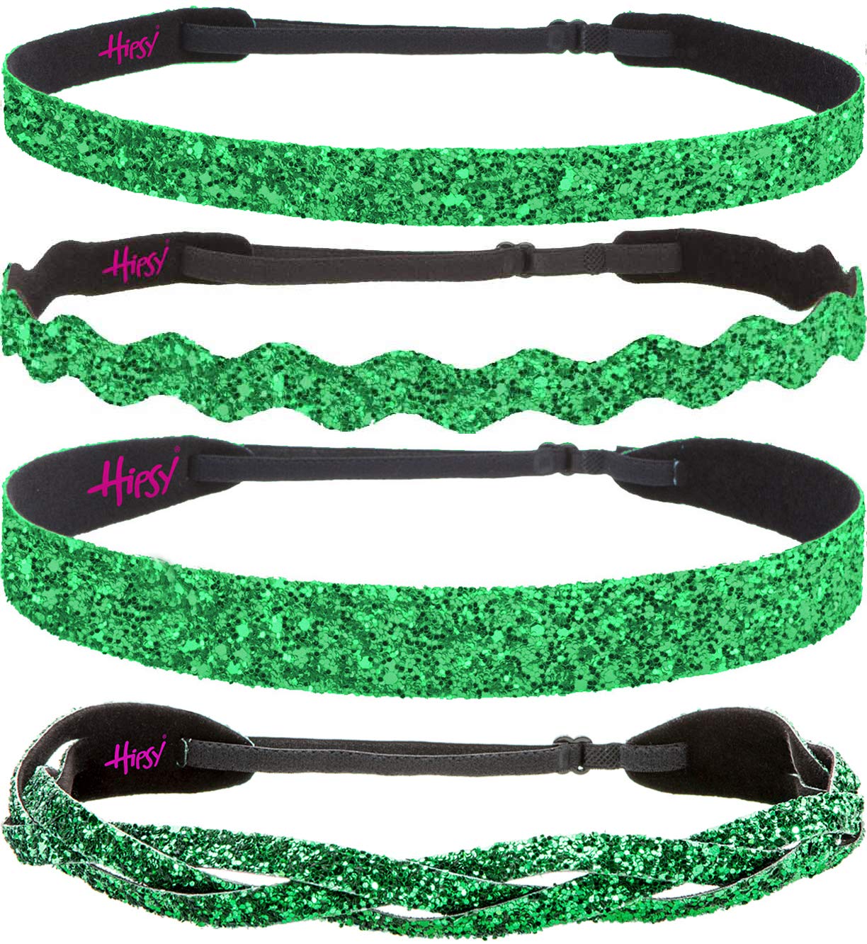 Adjustable No-Slip Sparkly Bling Headbands 4-Pack for Women, Girls & Teens | PETITE Size | Mixed Glitter Green | Perfect for Sports, Workouts, School & Everyday Fashion