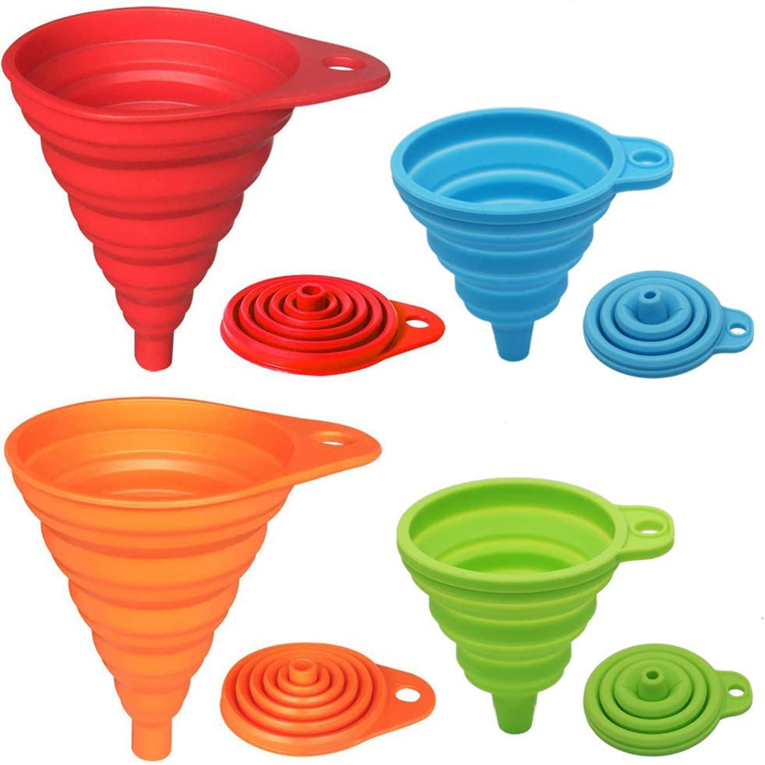KongNai 4-Piece Silicone Collapsible Kitchen Funnel Set - Small & Large Food Grade Funnels for Liquid Transfer, Bottle Filling & Cooking - Perfect for Baking, Canning, Oil Pouring & DIY Projects
