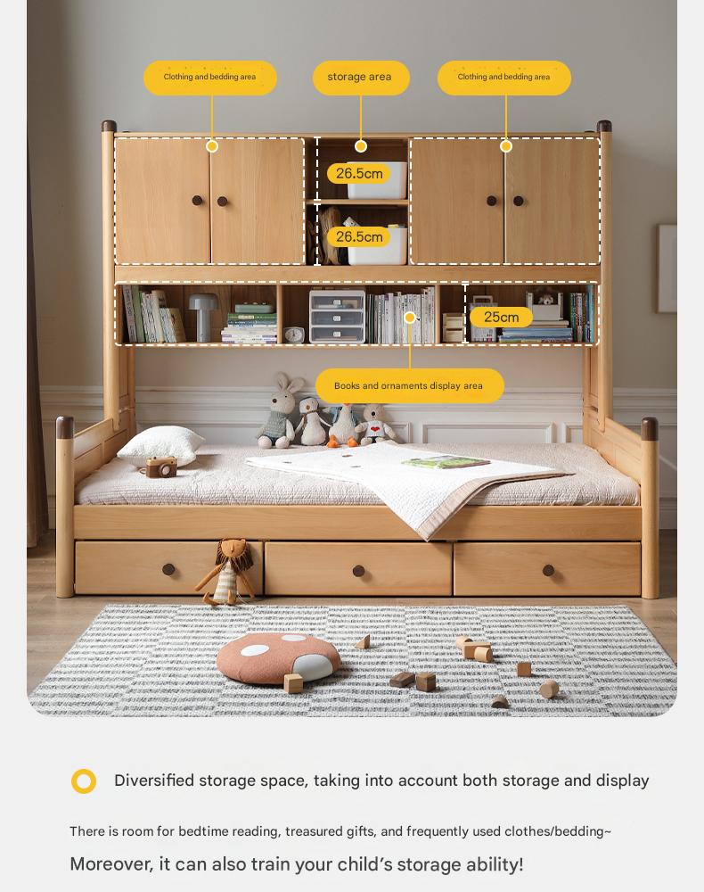 Solid Oak Wood Multi-Function Storage Bed - Queen Size Platform Bed with Underbed Drawers for Small Space Bedroom, Guest Room & Studio Apartments