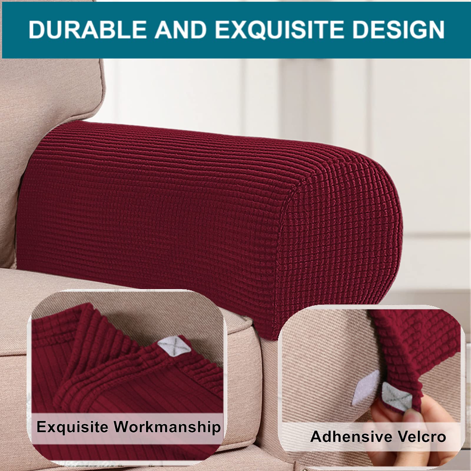 Stretch Spandex Armrest Covers for Chairs, Sofas & Recliners - 2 Pack Burgundy Slipcovers - Perfect for Living Room, Office & Home Theater Furniture Protection