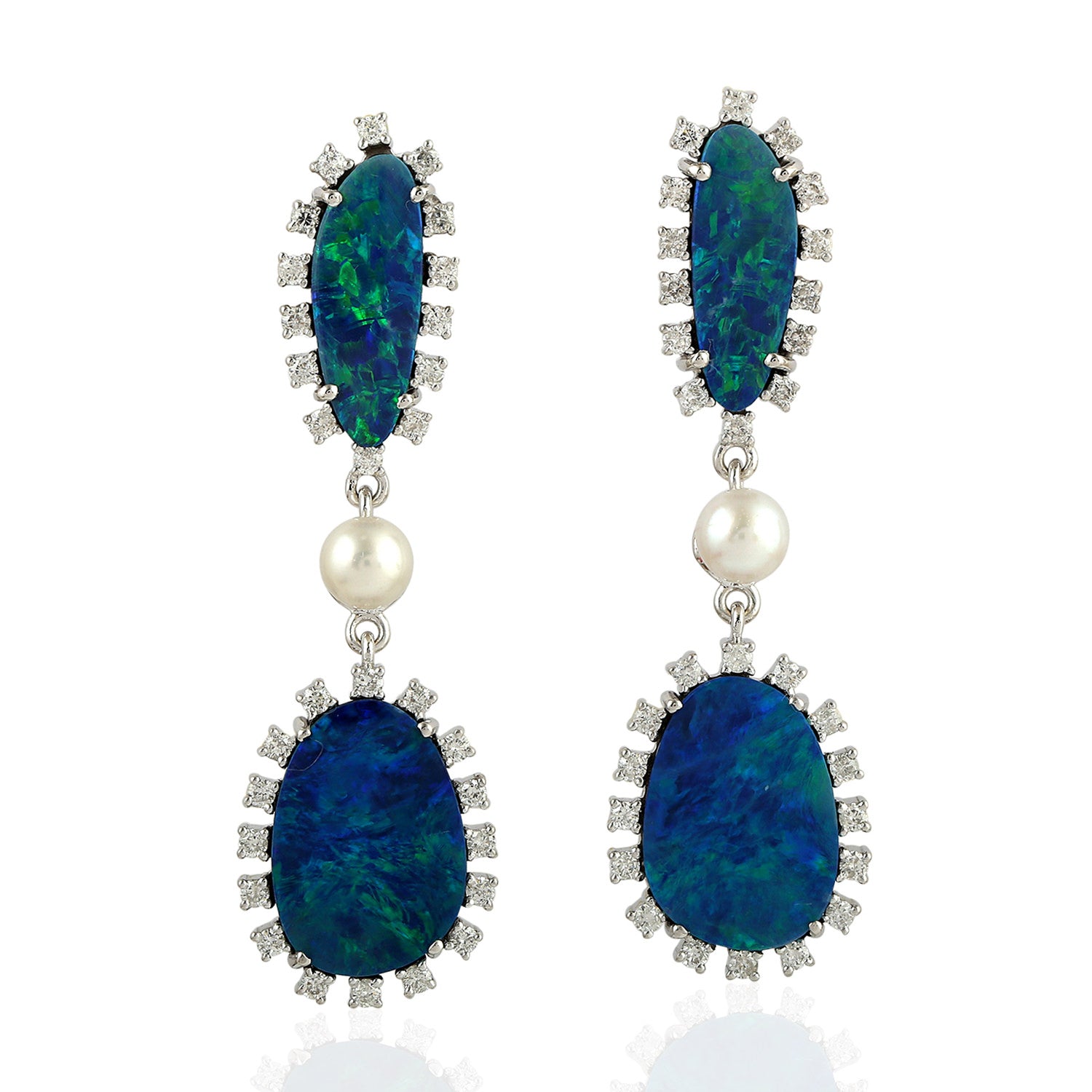Exquisite White Gold Cabochon Opal Doublet Pearl & Diamond Dangle Earrings | Perfect Gift for Women | Ideal for Weddings, Parties & Special Occasions