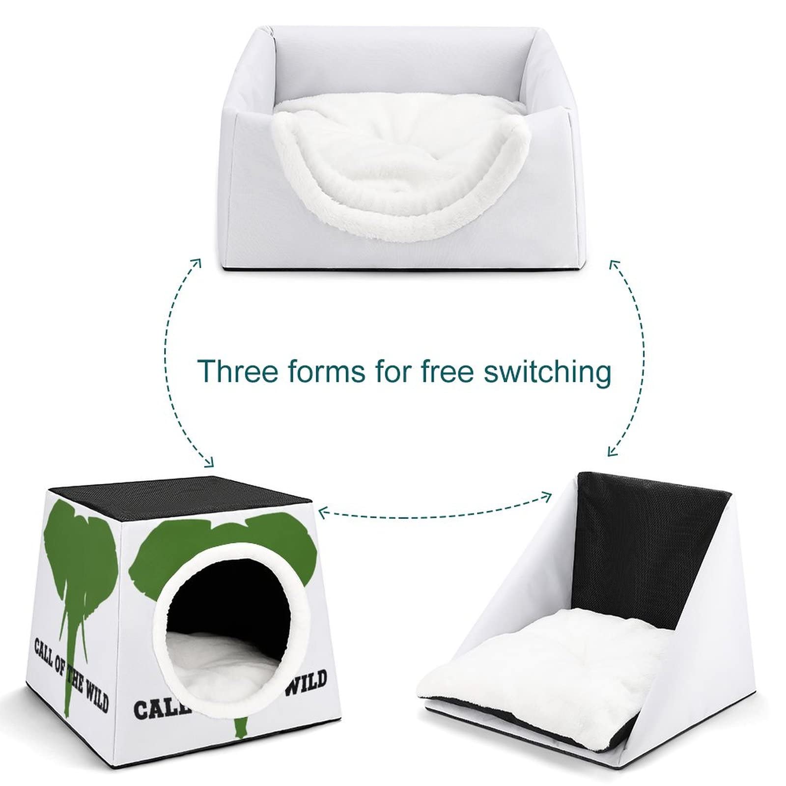 3-in-1 Cat House Bed & Sofa - Printed Cat Cube for Indoor/Outdoor Use - Green Elephant Design Kitty Shelter - Perfect for Living Room, Patio or Garden