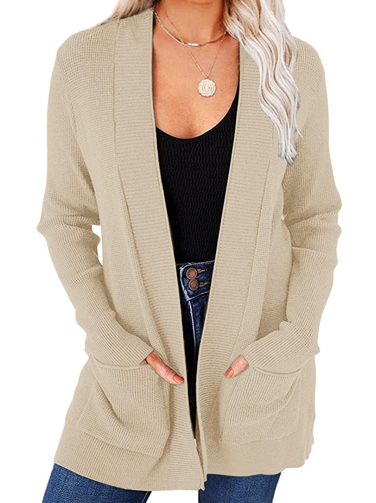 MEROKEETY Women's Open Front Waffle Knit Cardigan Long Sleeve Cozy Sweater with Pockets | Fall Winter Fashion 2025 | Casual Outfit, Office Wear & Lounge Comfort