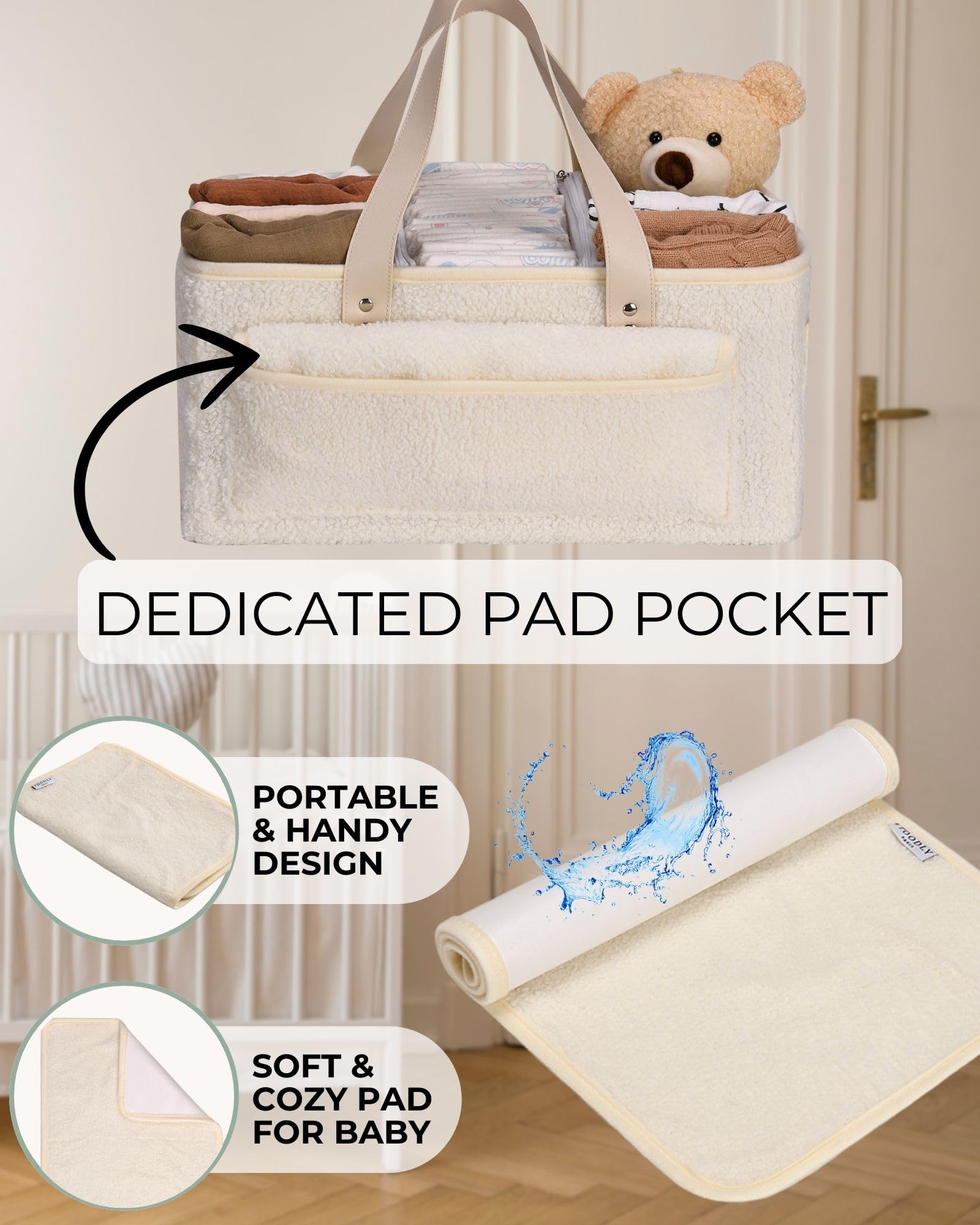 Portable Baby Diaper Caddy Organizer with Soft Teddy Fleece Changing Mat - Nursery Storage Basket for Diapers, Wipes & Essentials - Removable Dividers for Easy Organization - Perfect for Nursery, Bedroom or On-the-Go Diaper Changes