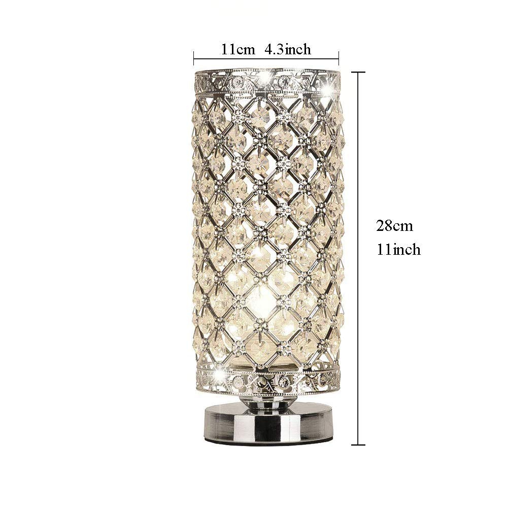 Modern Crystal Cylindrical Table Lamp - E27 Bedside Desk Light with Power Switch, Silver Finish | Perfect for Bedroom, Living Room & Office Decor Lighting