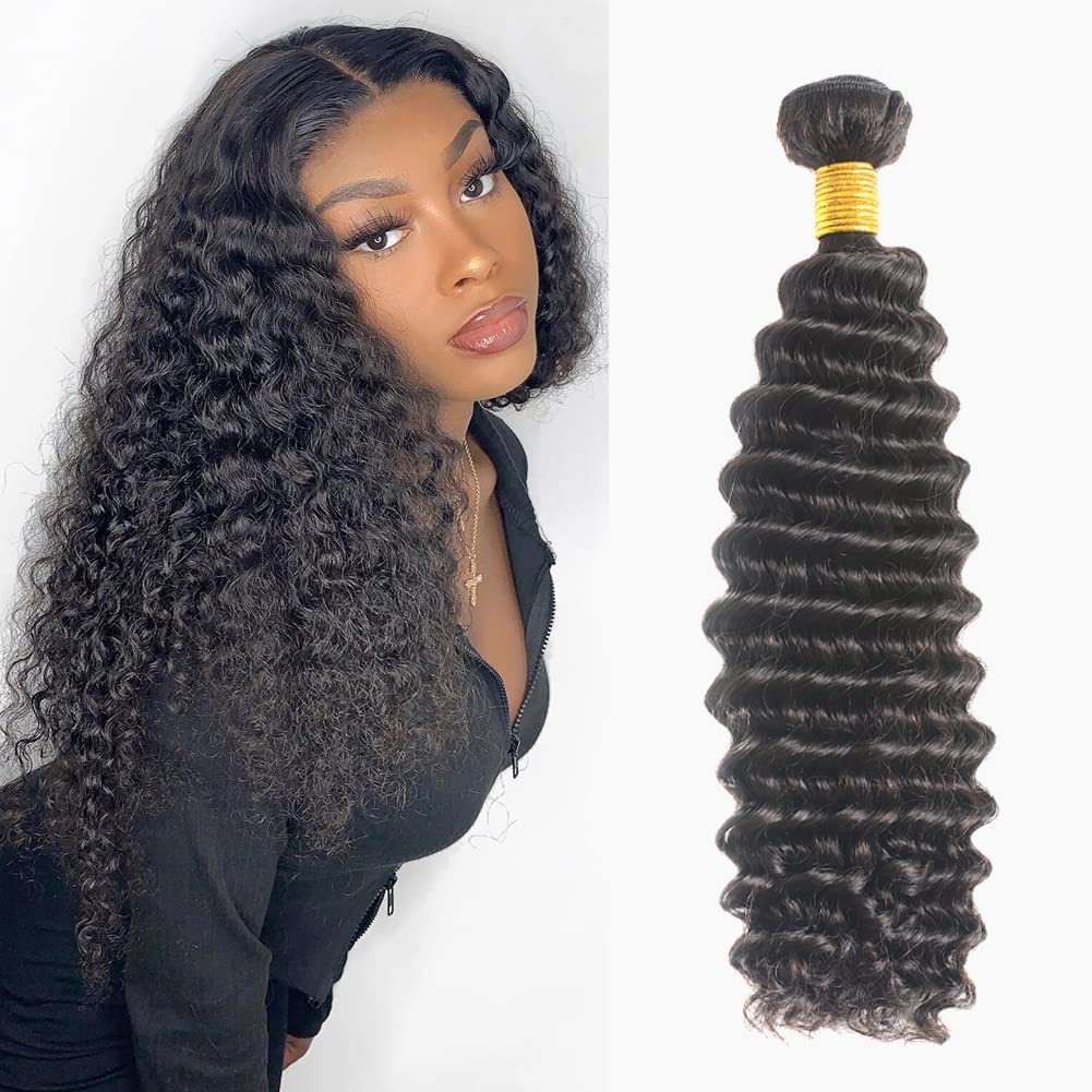 100% Unprocessed Brazilian Virgin Human Hair Bundles - 16 Inch Deep Wave Natural Black Hair Extensions for Women | Perfect for Protective Styles, Weaves & Everyday Glam