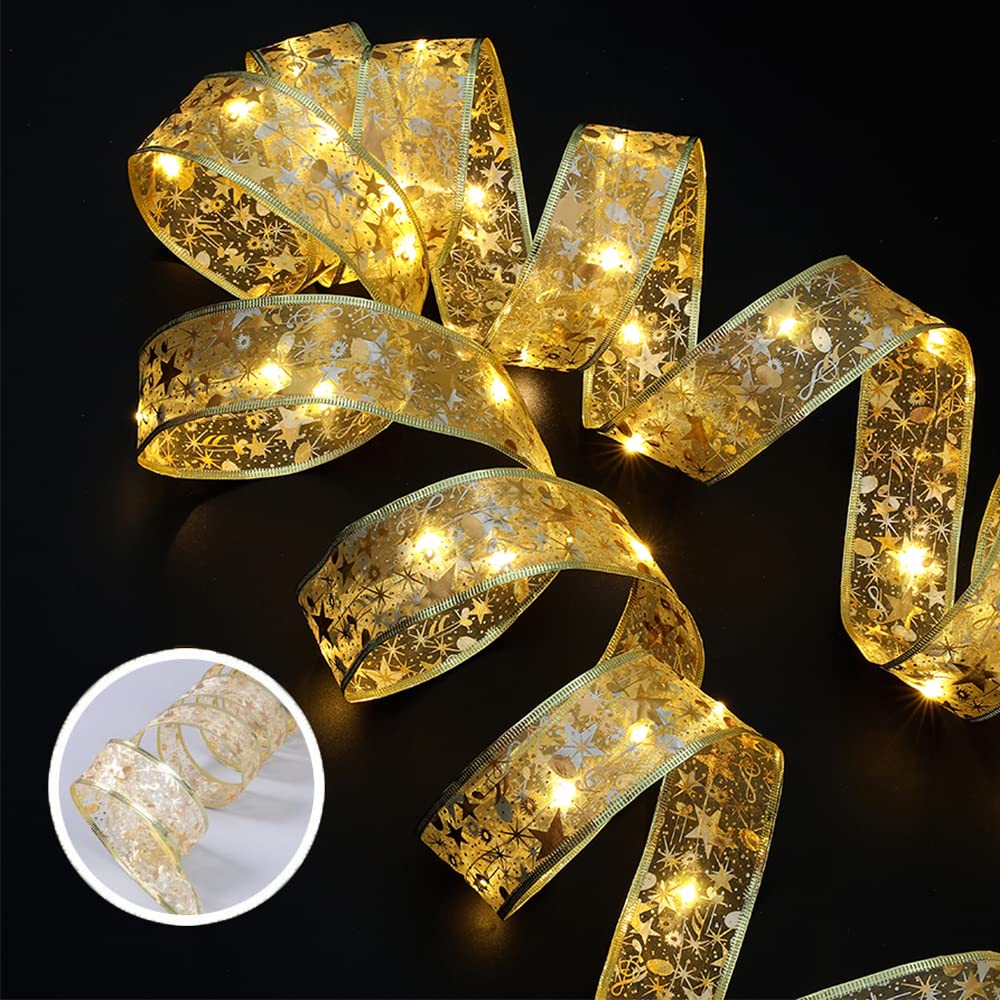 GIHOO 32ft 100 LED Christmas Tree Lights with Copper Wire & Ribbon Bows - Warm Gold Lights (6.3cm Width) for Holiday Decorations, Parties, Weddings | Perfect for Indoor/Outdoor Christmas Trees, Home Decor, and Festive Events