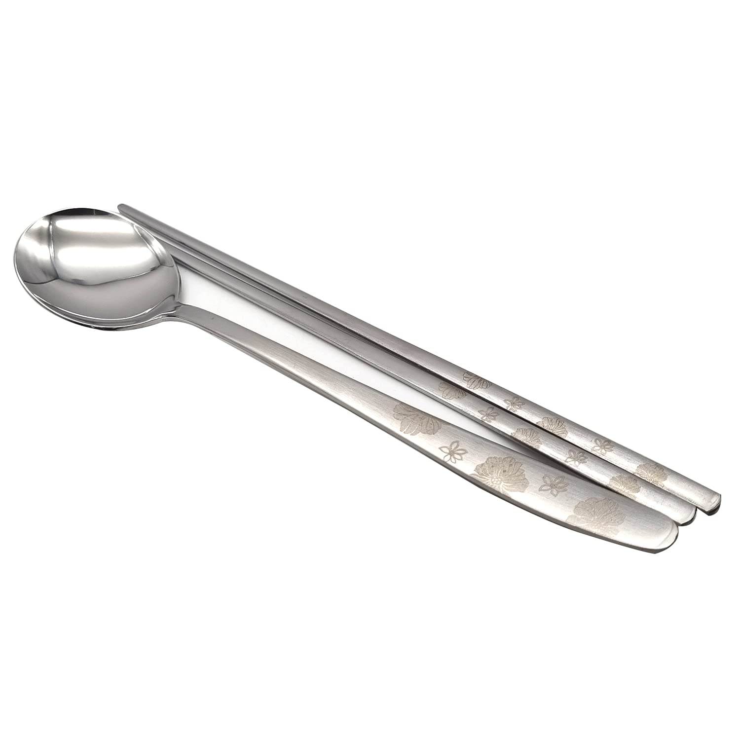 SUPIA Korean Traditional Stainless Steel Cutlery Set - 4 Spoons & 4 Chopsticks with Long Handle, Reusable Tableware (Silver Flower Design) - Perfect for Korean BBQ, Asian Dining, and Home Kitchen Use