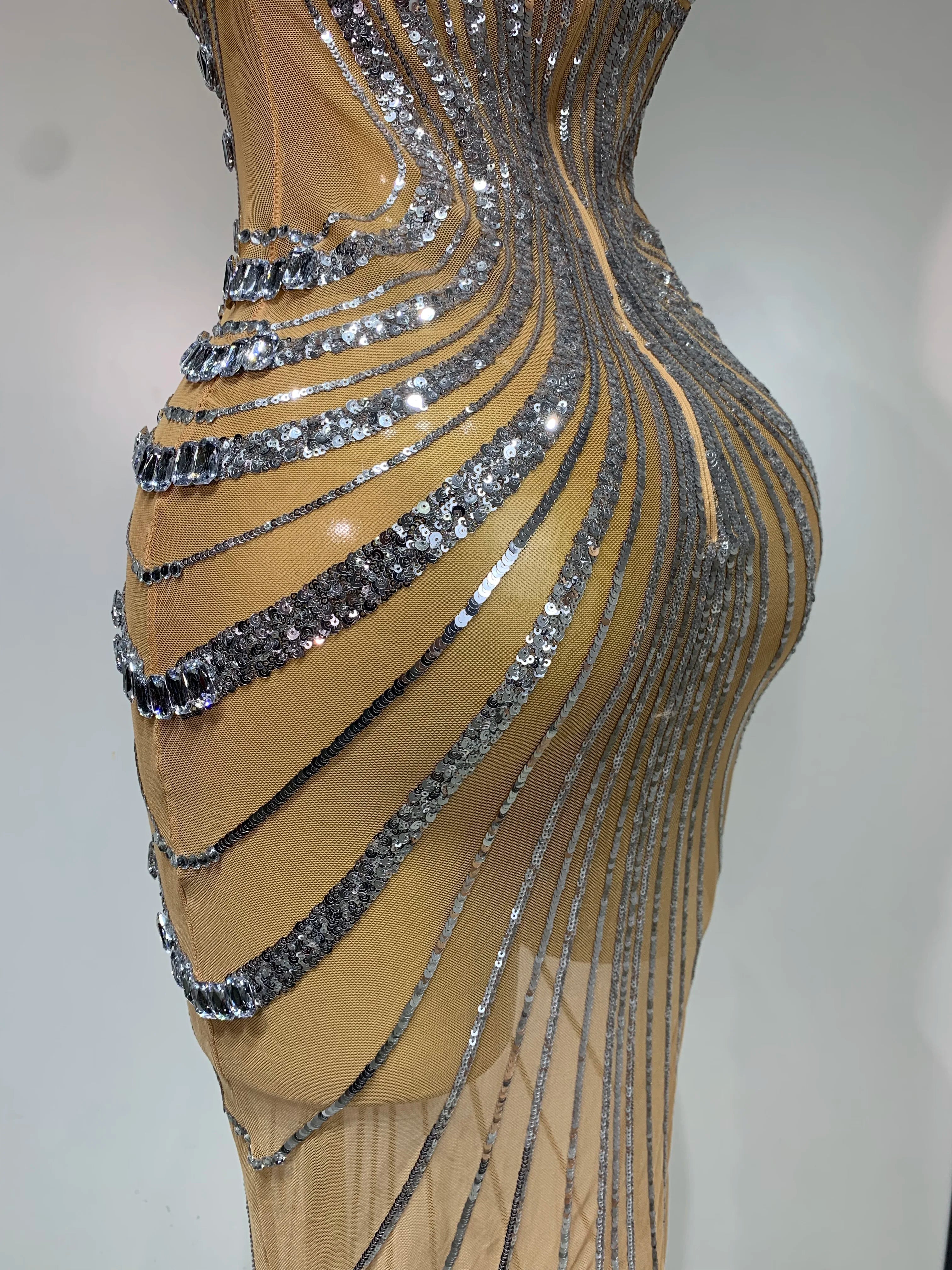 2025 Women's Luxury Rhinestone Mesh Long Dress - Sexy See-Through White Prom Gown for Birthday Party, Nightclub & Singer Performances | Elegant Evening Wear & Special Occasion Outfit