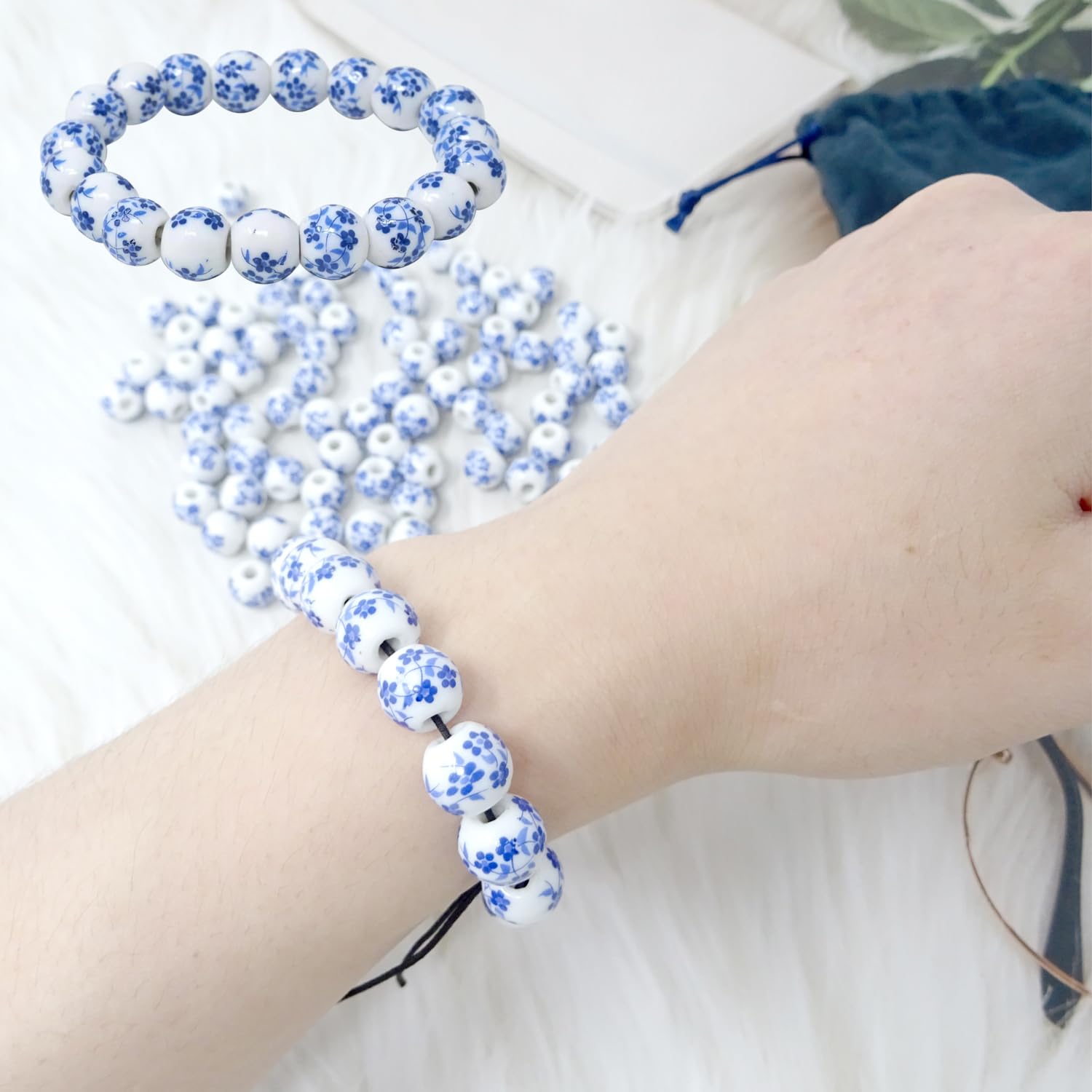 100PCS 10mm Blue Ceramic Beads for Jewelry Making - Porcelain Flower Spacer Beads with Drawstring Bag - DIY Necklace, Earrings & Bracelet Craft Supplies (Perfect for Boho, Wedding & Handmade Jewelry Designs)