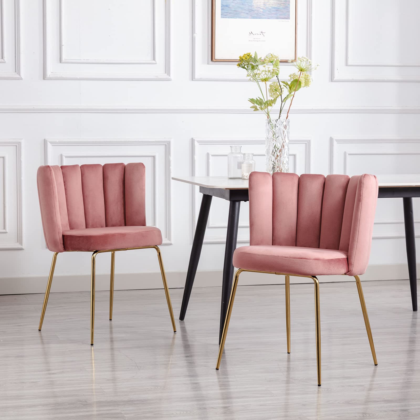 Luxury Velvet Dining Chairs Set of 2 - Modern Upholstered Accent Chairs with Curved Back & Gold Metal Legs for Living Room, Kitchen, Bedroom, Vanity | Comfy Pink Seating for Home Decor & Entertaining