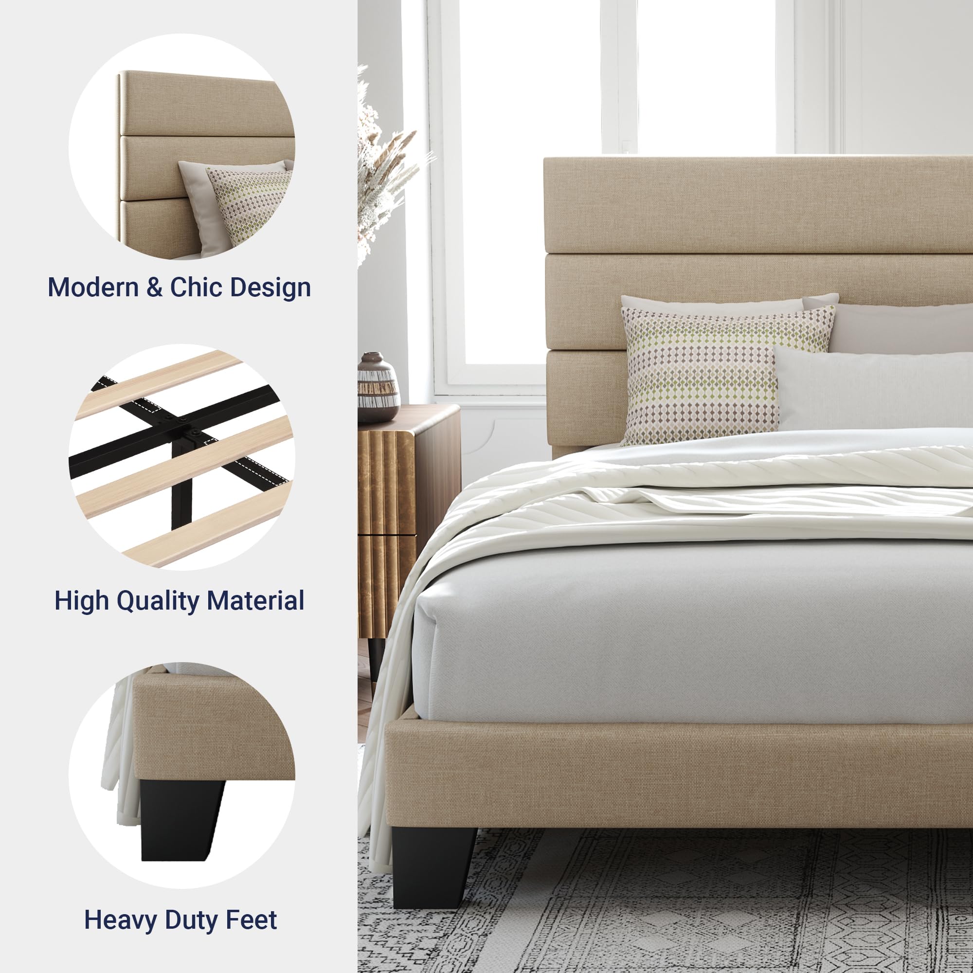 Allewie Queen Size Platform Bed Frame with Fabric Upholstered Headboard & Wooden Slats - No Box Spring Needed, Easy Assembly, Beige - Modern Bedroom Furniture for Small Spaces & Guest Rooms