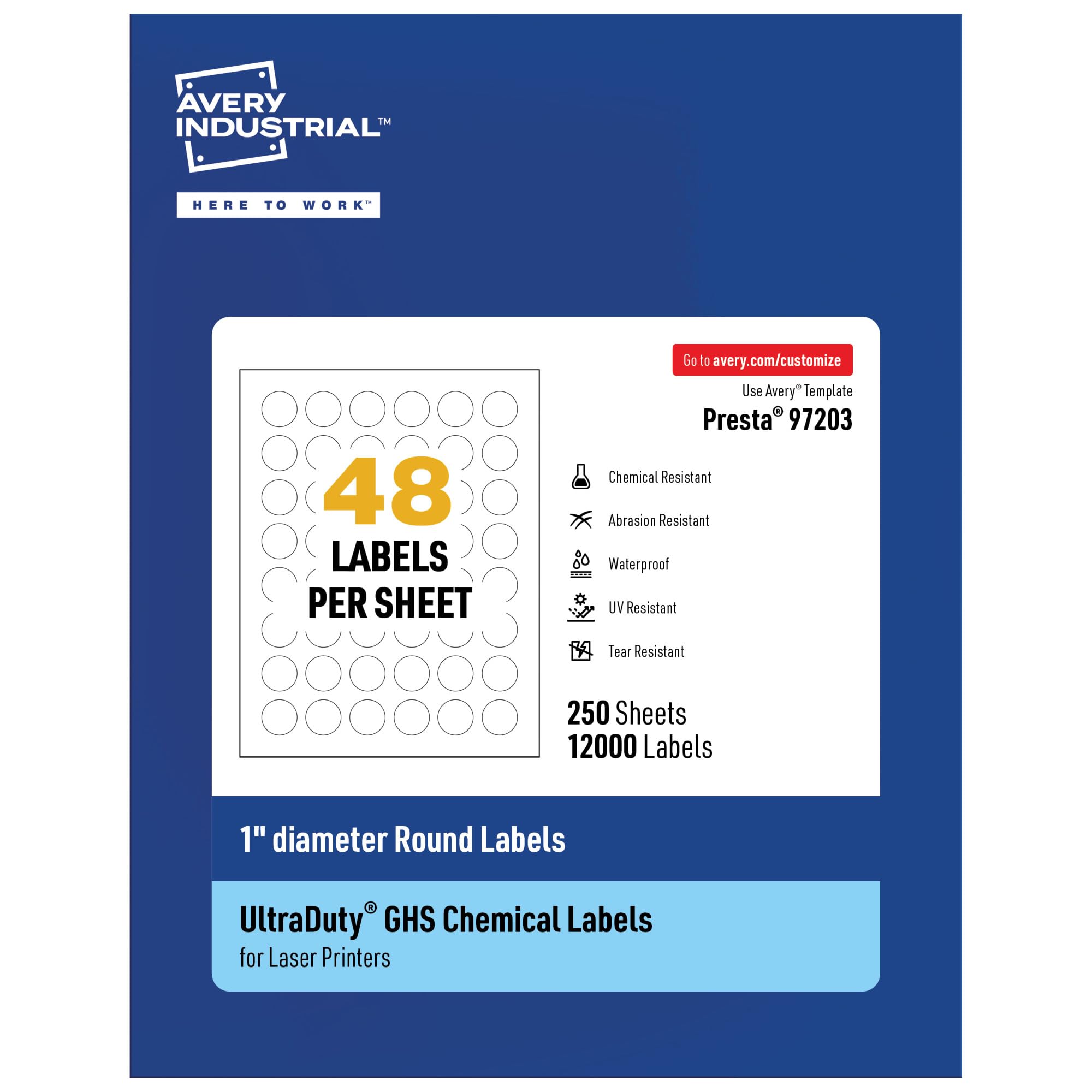 Avery UltraDuty GHS Labels - 1 Inch Round Waterproof Labels (Pack of 12000, White) for Laser Printers - Ideal for Chemical Containers, Safety Compliance & Industrial Labeling