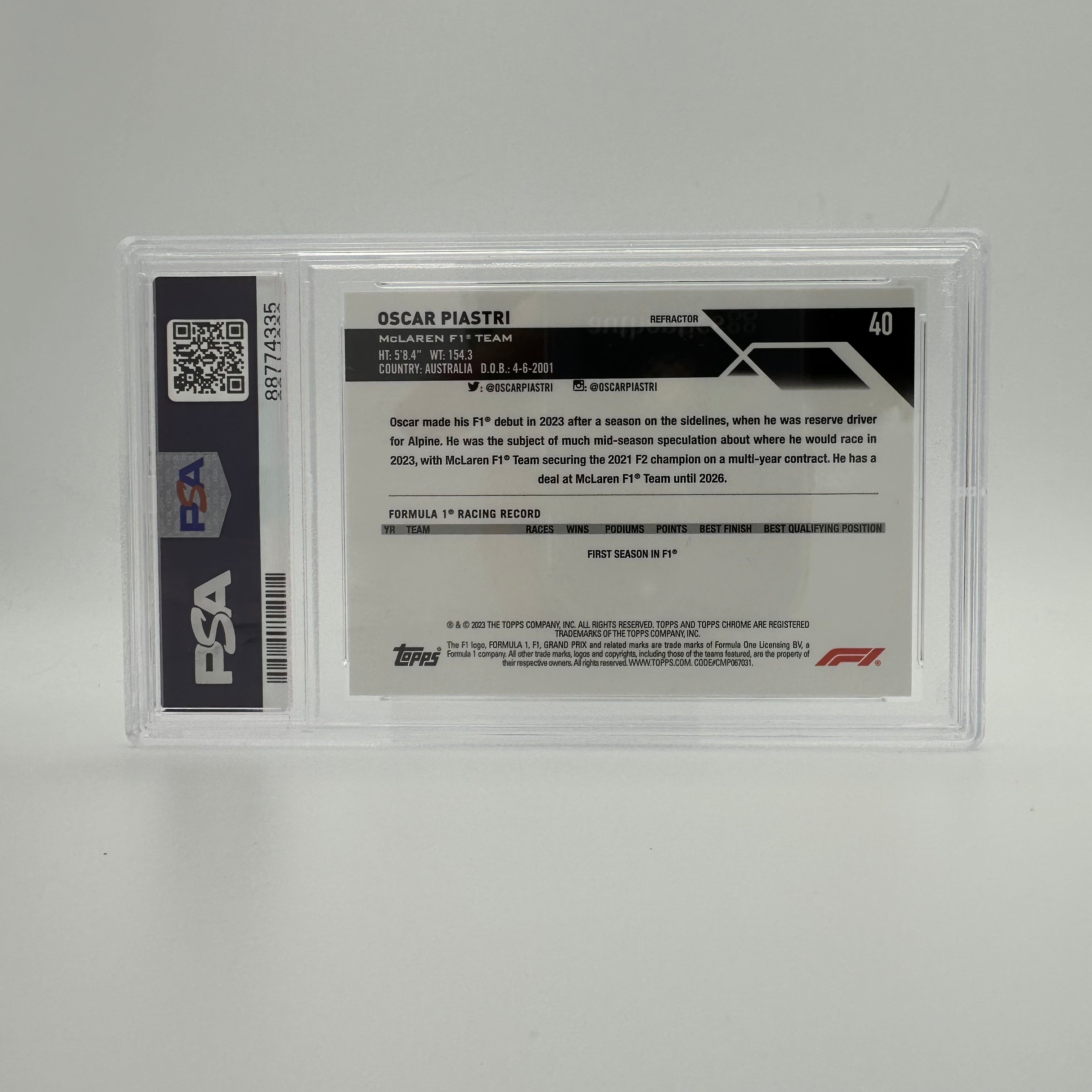 PSA 10 Oscar Piastri #40 2023 Topps Chrome Refractor Rookie Card - Perfect for Collectors, Sports Memorabilia Enthusiasts & Investment