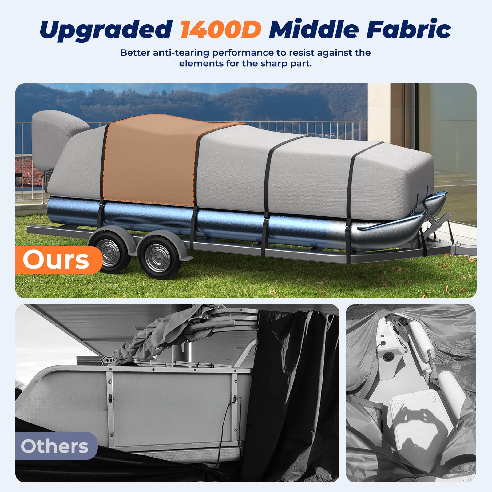 Heavy Duty 1400D Marine Grade Waterproof Pontoon Boat Cover with Motor Cover - Reinforced Middle for 17'-20' Length & 102