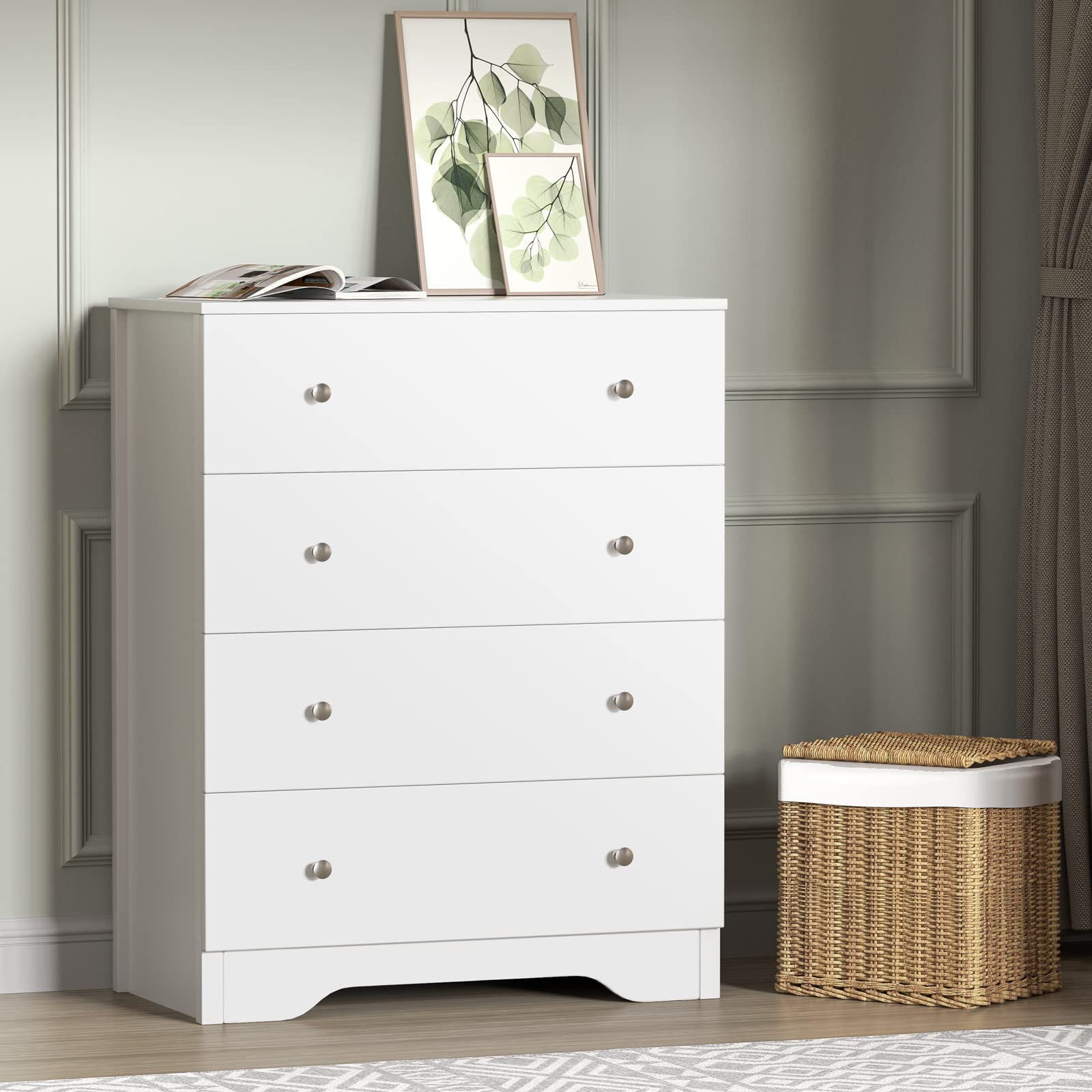Modern White Wooden Dresser with 4 Drawers - Bedroom Storage Organizer Cabinet for Living Room, Kids Room & Entryway - Space-Saving Furniture for Small Apartments & Dorm Rooms