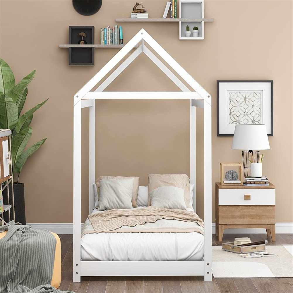 Wooden House Bed with Roof - Twin Size Kids Bed Frame, Platform Bed with Tent, Floor Sofa Bed & Mattress Foundation for Bedroom & Living Room - Perfect for Playrooms, Sleepovers & Cozy Reading Nooks (White)