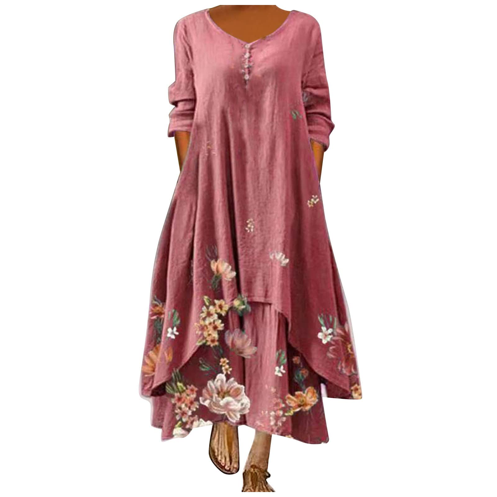 Floral Cotton Long Sleeve V-Neck Summer Dress for Women - Casual Maxi Dress with Pockets, Button Down, Pink XX-Large - Perfect for Beach Vacations, Outdoor Picnics & Summer Parties