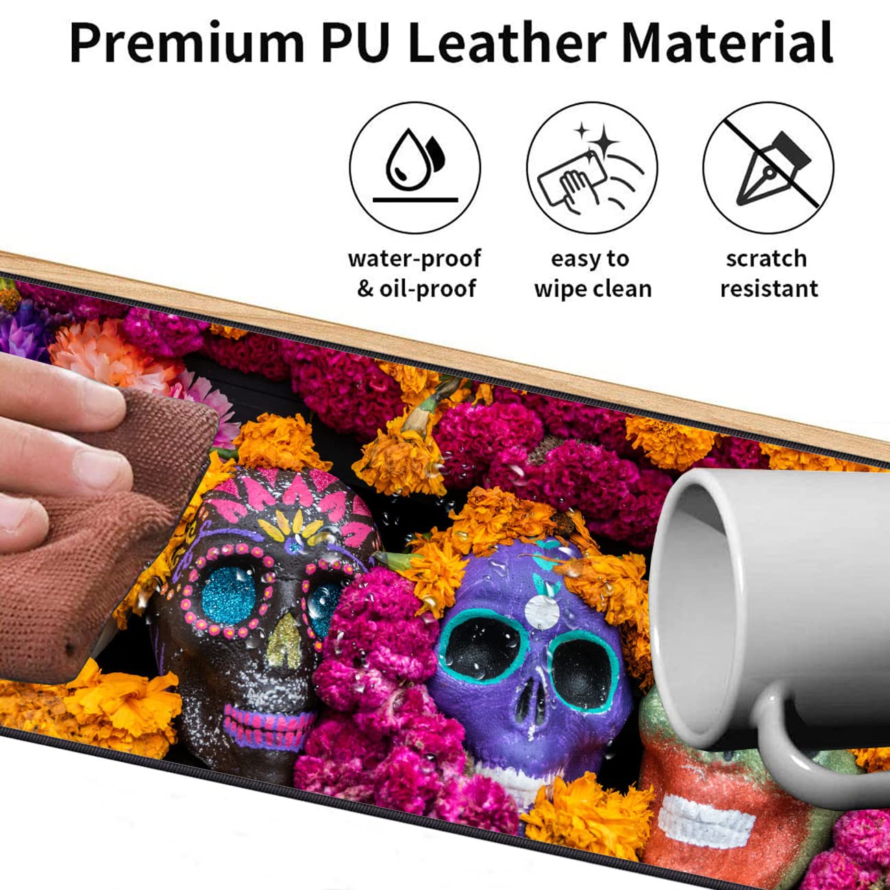 Extended Gaming Mouse Pad with Wrist Rest & Coaster - Non-Slip Rubber Base Desk Mat for Keyboard & Mouse - Perfect for PC Gaming & Office Work (Candy Skull Design) - Ideal for Esports, Streaming & Home Office Setups