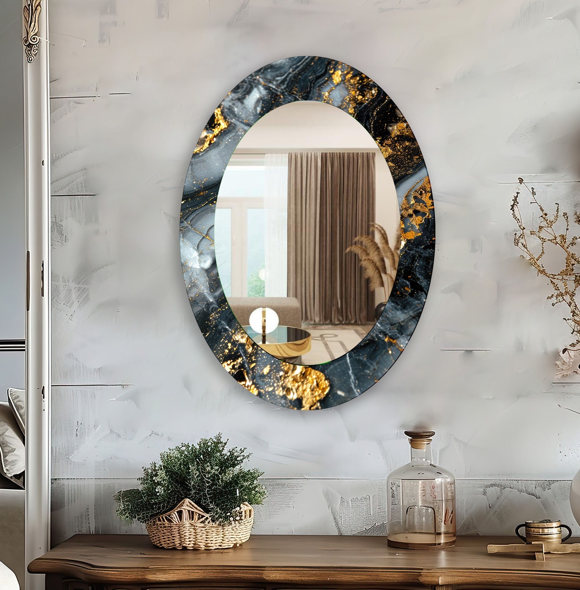 Elegant Black and Gold Abstract Oval Wall Mirror - Modern Home Decor for Living Room, Bedroom, or Entryway