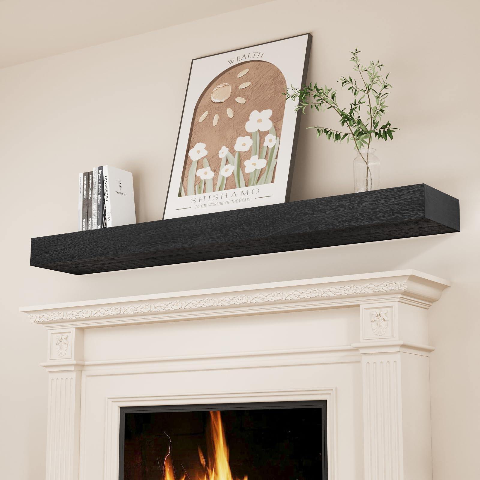 60 Inch Solid Wood Floating Shelf - SAUMONIERES Fireplace Mantel Shelf, Wall Mounted Hollow Shelf for Living Room, Bedroom, Kitchen Decor - Black