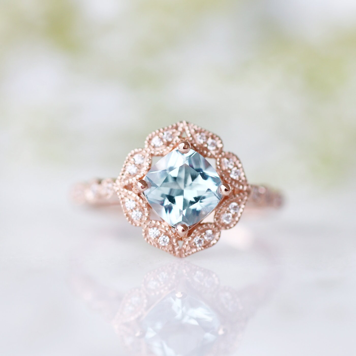 Luxury Aquamarine Ring 14k Rose Gold Vermeil - Elegant Birthstone Jewelry for Women, Perfect for Engagement, Anniversary & Special Occasions