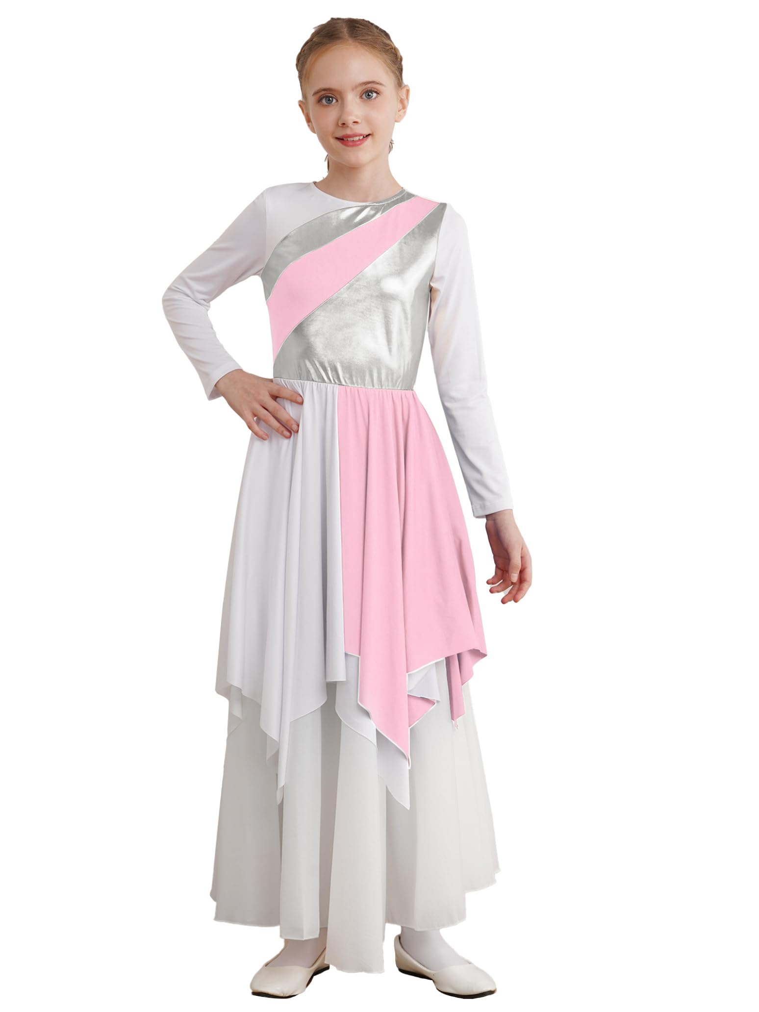 Girls Long Sleeve Praise Dance Dress - Metallic Liturgical Worship Costume with Asymmetrical Design for Church Performances & Worship Services